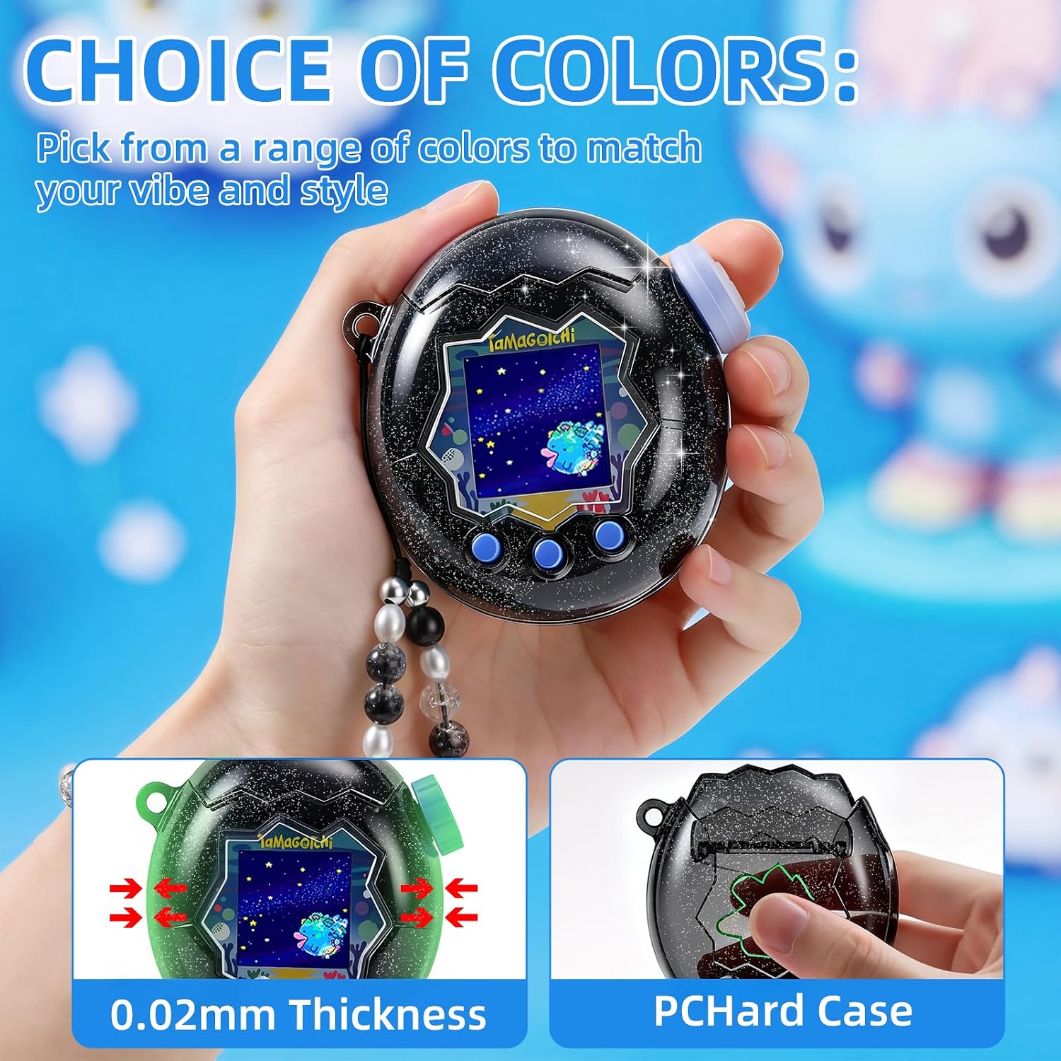 for Tamagotchi Paradise Clear Case,Transparent PC Hard Cover,with Bow Lanyard,Button Cap,TPU Screen Guard for Tamagotchi Paradise Accessories for DIY Fans and Collectors (Glittery Black) image 5