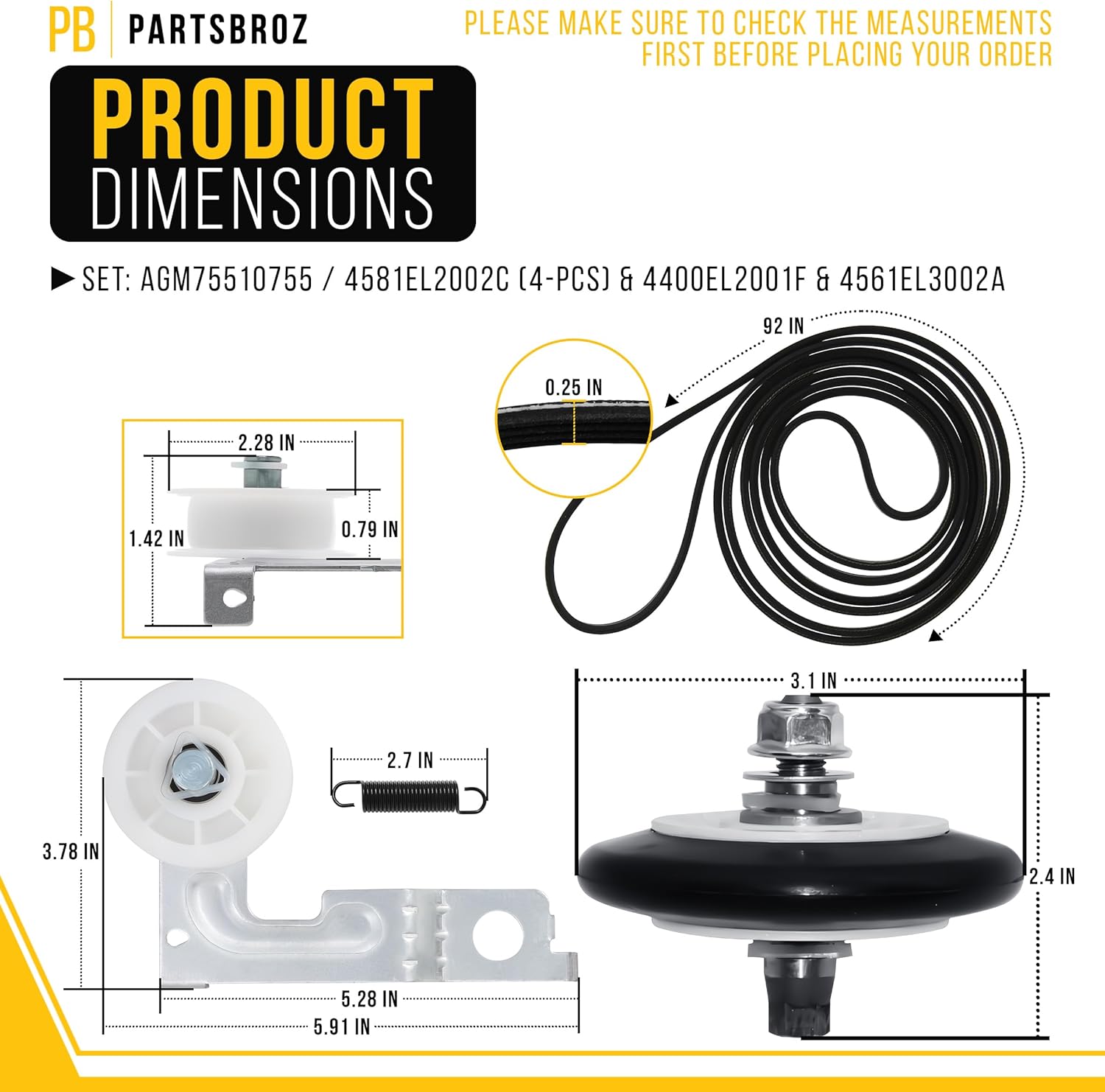 PartsBroz Dryer Roller Kit for LG DLG3051W Dryer Roller Kit Replacement with Idler Pulley & Drum Belt - Repair Kit