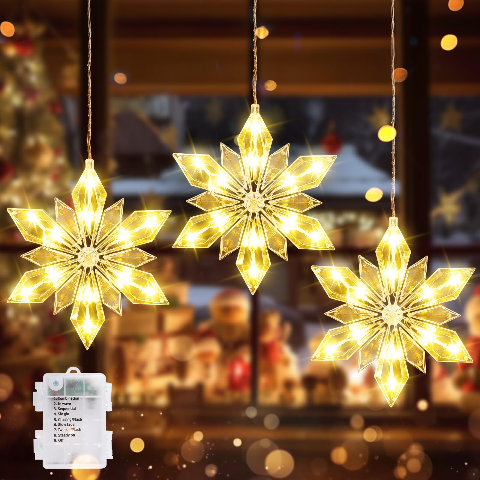 Quntis Luci natalizie da 86,4 cm, a batteria, confezione da 3 luci a 36 LED a forma di fiocco di neve, con timer di memoria, 8 modalità scintillanti, decorazione natalizia per interni e invernali
