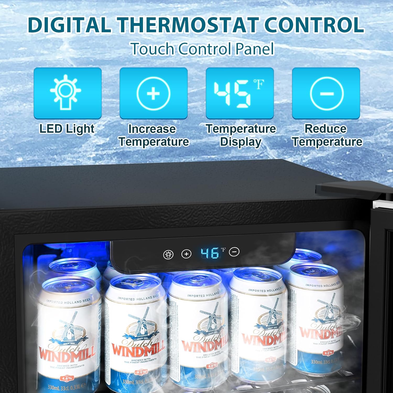 Close-up of the digital thermostat control panel with LED light, increase temperature, temperature display, and reduce temperature buttons.