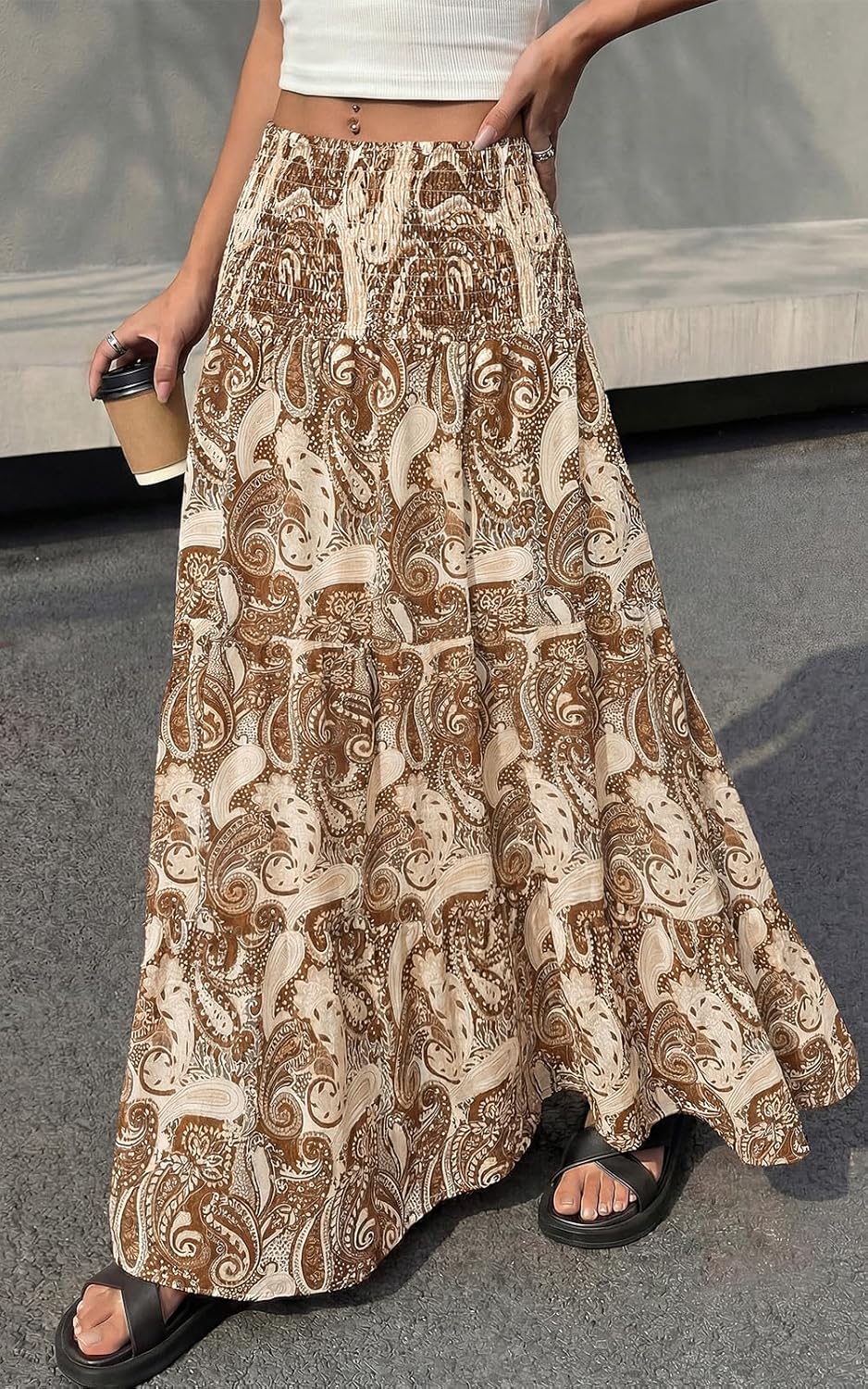 PRETTYGARDEN Floral Summer Boho Maxi Skirts for Women 2026 Smocked Elastic Waist Pleated Tiered Vacation Flowy Long Skirt - Image 4