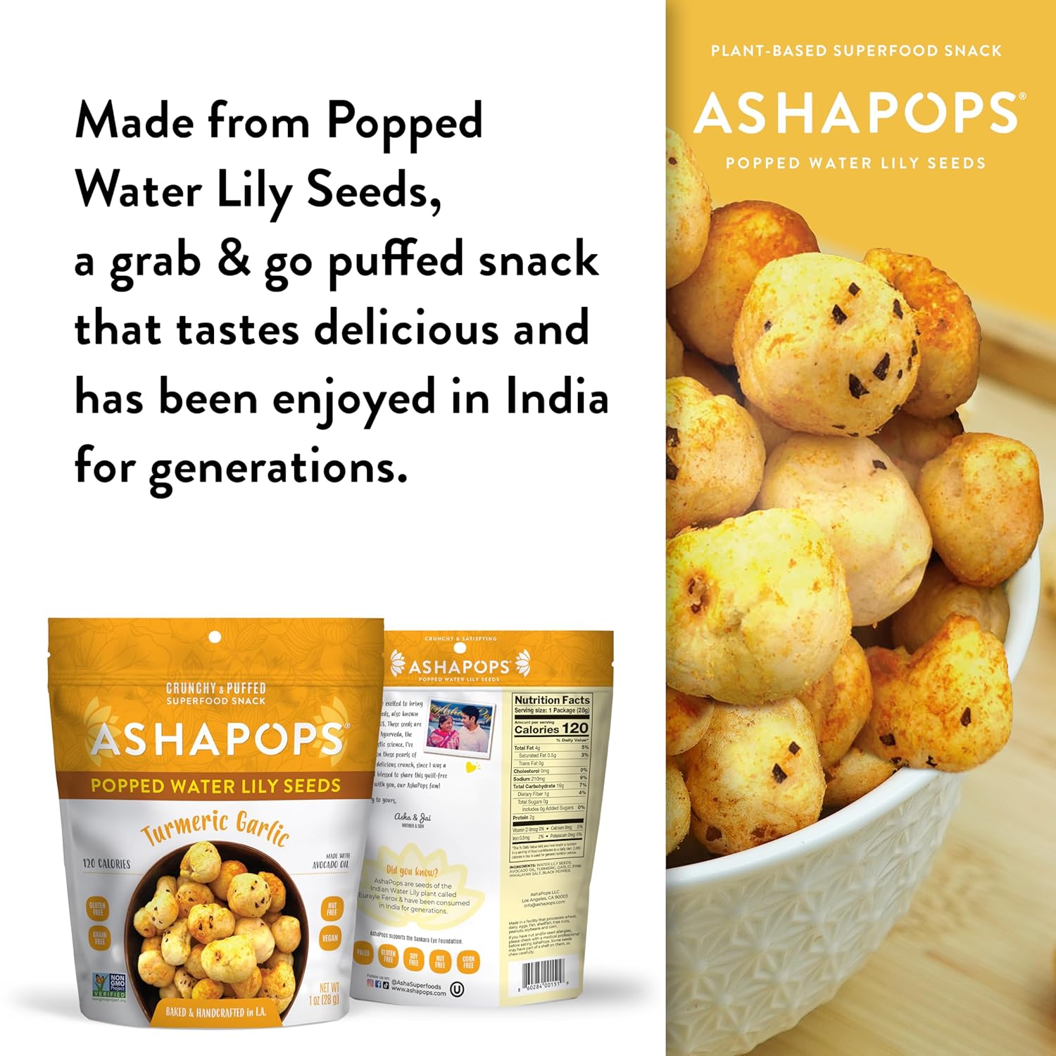AshaPops Turmeric Garlic Flavored Popped Water Lily Seeds, 1 oz (Pack of 6) - Gluten-Free, Vegan, Paleo, Nut-Free, Corn-Free, Soy-Free, Non-GMO, Delicious Plant-Based Crunchy Snack