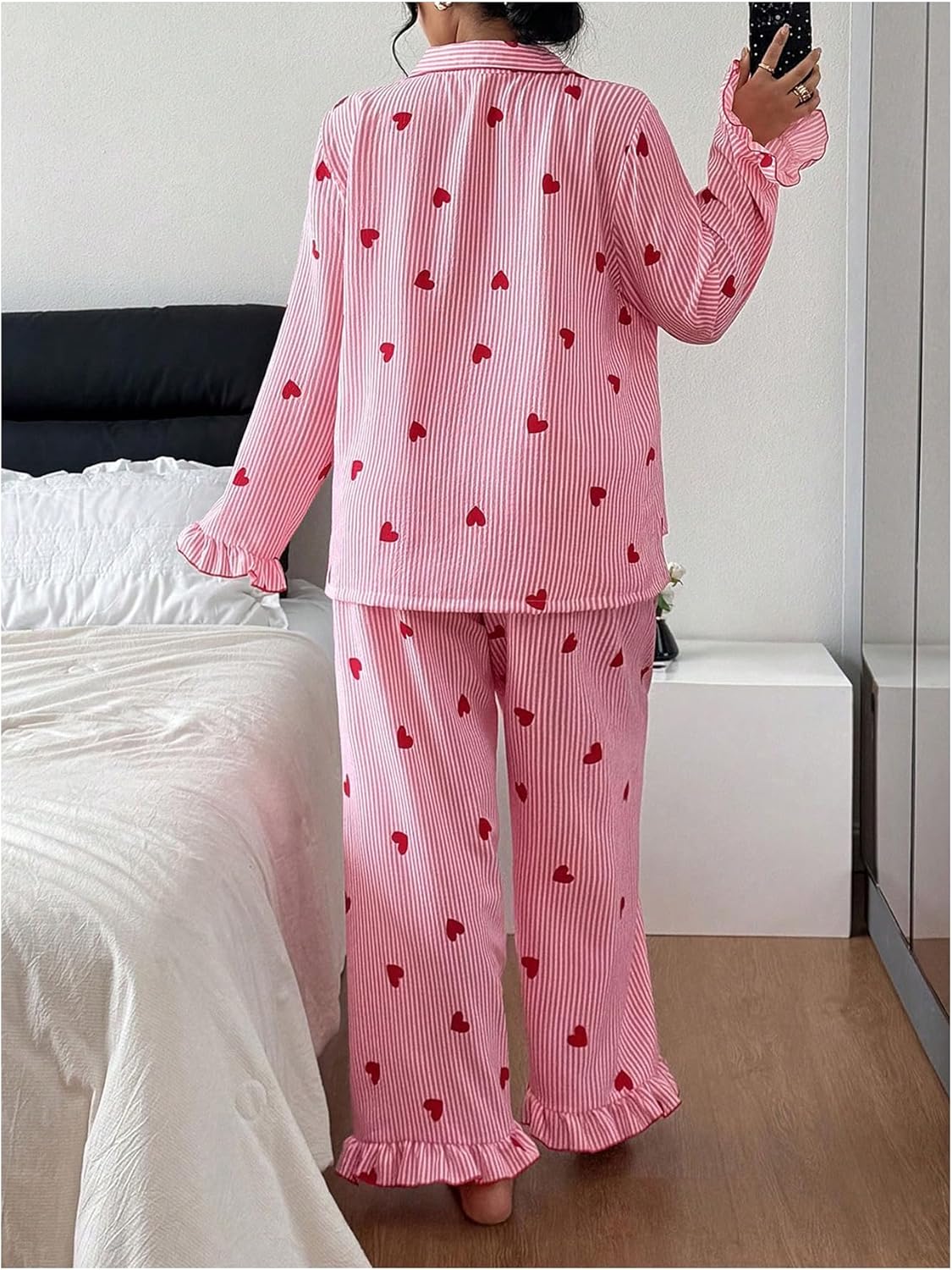 WDIRARA Women's Plus Size Striped 2 Piece Pajama Set Heart Print Pants Pjs Set Button Down Long Sleeve Sleepwear