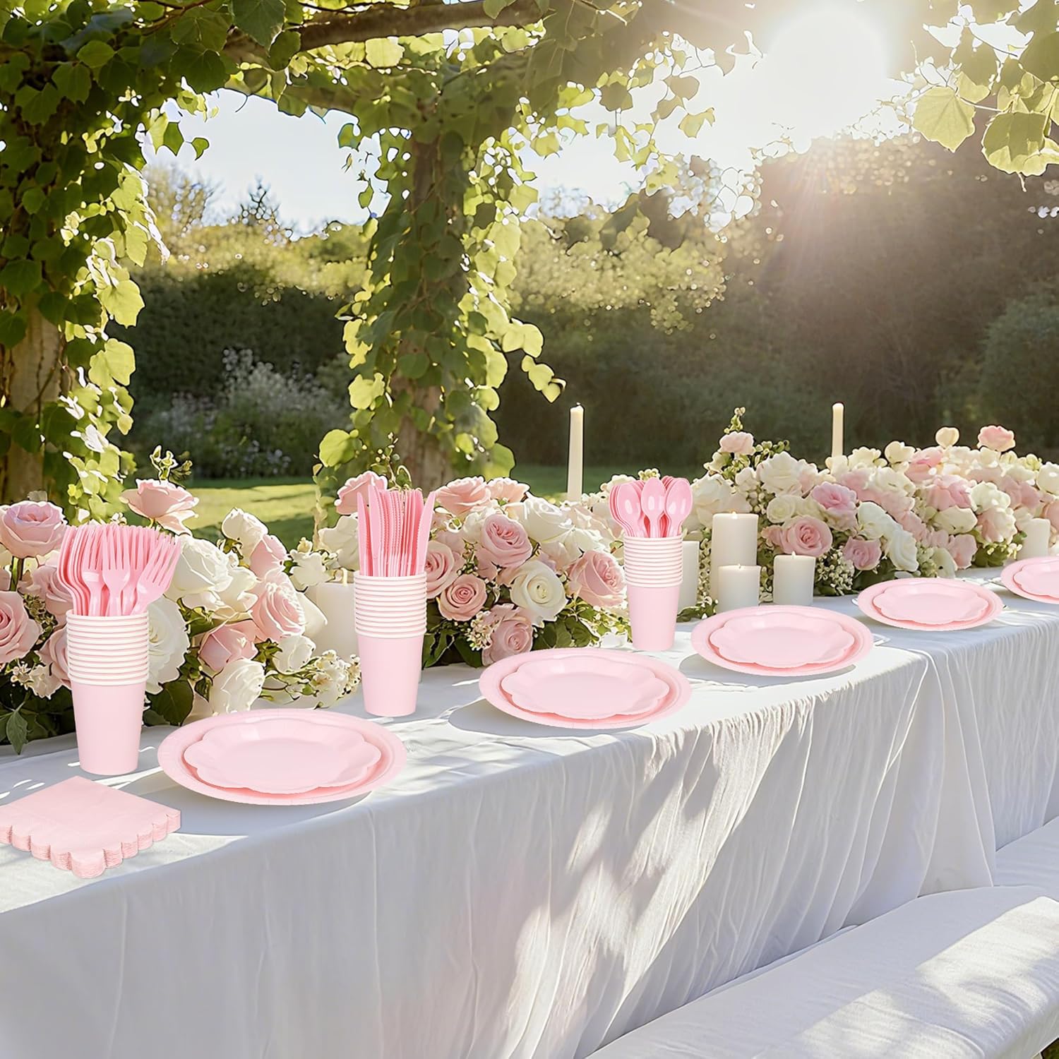175 Pcs Light Pink Plates Cups and Napkins Set, Pink Scalloped Dessert Plates Party Supplies for 25 Guests Include Disposable Pink Party Plates Napkins Cup Cutlery for Baby Shower Wedding Birthday - Image 5