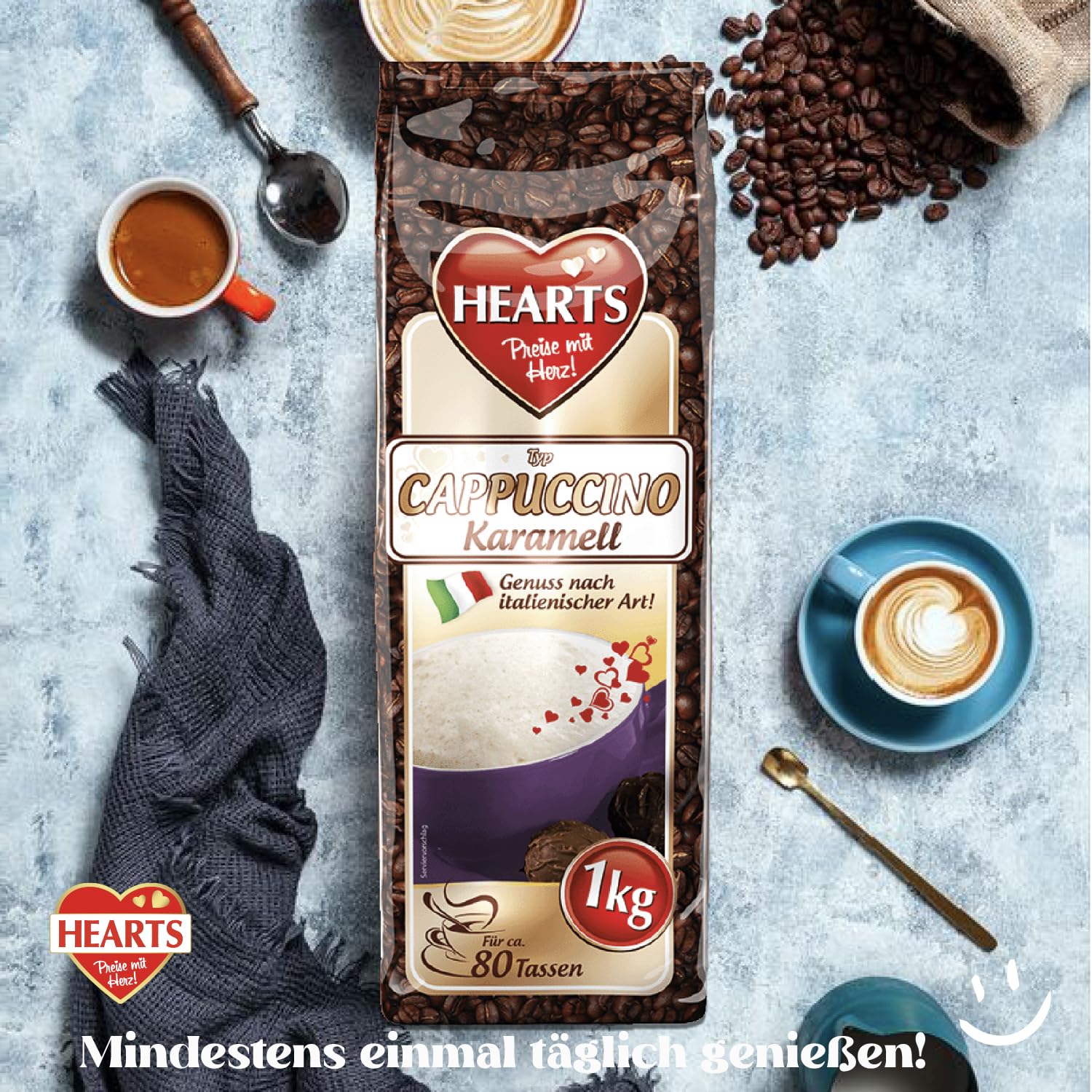 HEARTS Cappuccino Caramelo 10 x 1 kg – Disfruta al estilo italiano – Paquete de almacenamiento – Fácil de disolver, café instantáneo – suficiente para 800 tazas