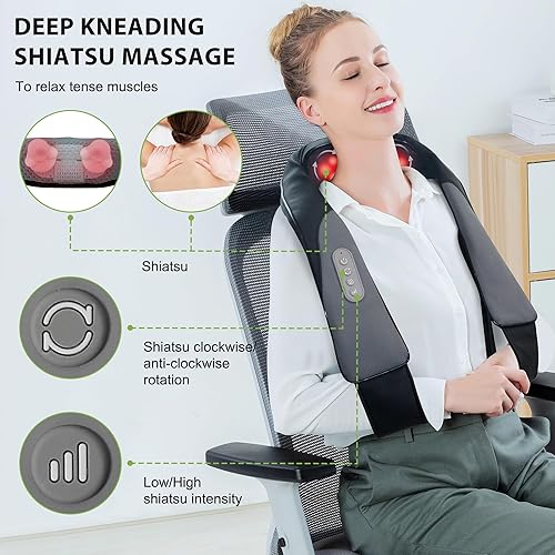 Vista 18 de Snailax Masajeador de cuello inalámbrico, masajeador Shiatsu de espalda y hombros con calor, masajeadores recargables portátiles para aliviar