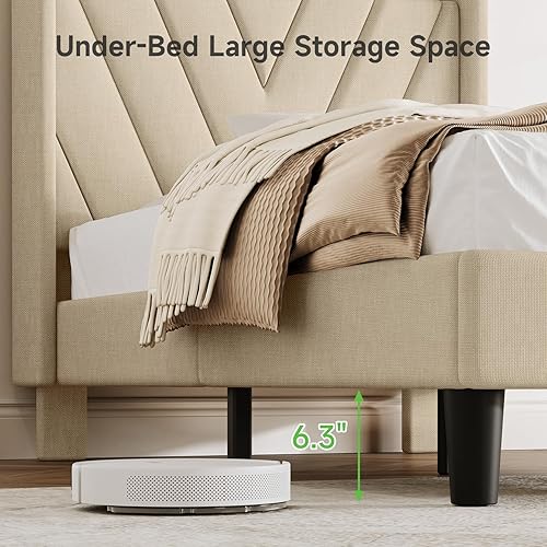 Miniatura 34 de koorlian Marco de cama Queen con plataforma tapizada ajustable de terciopelo con puertos tipo C y USB, cabecera de almacenamiento con respaldo de