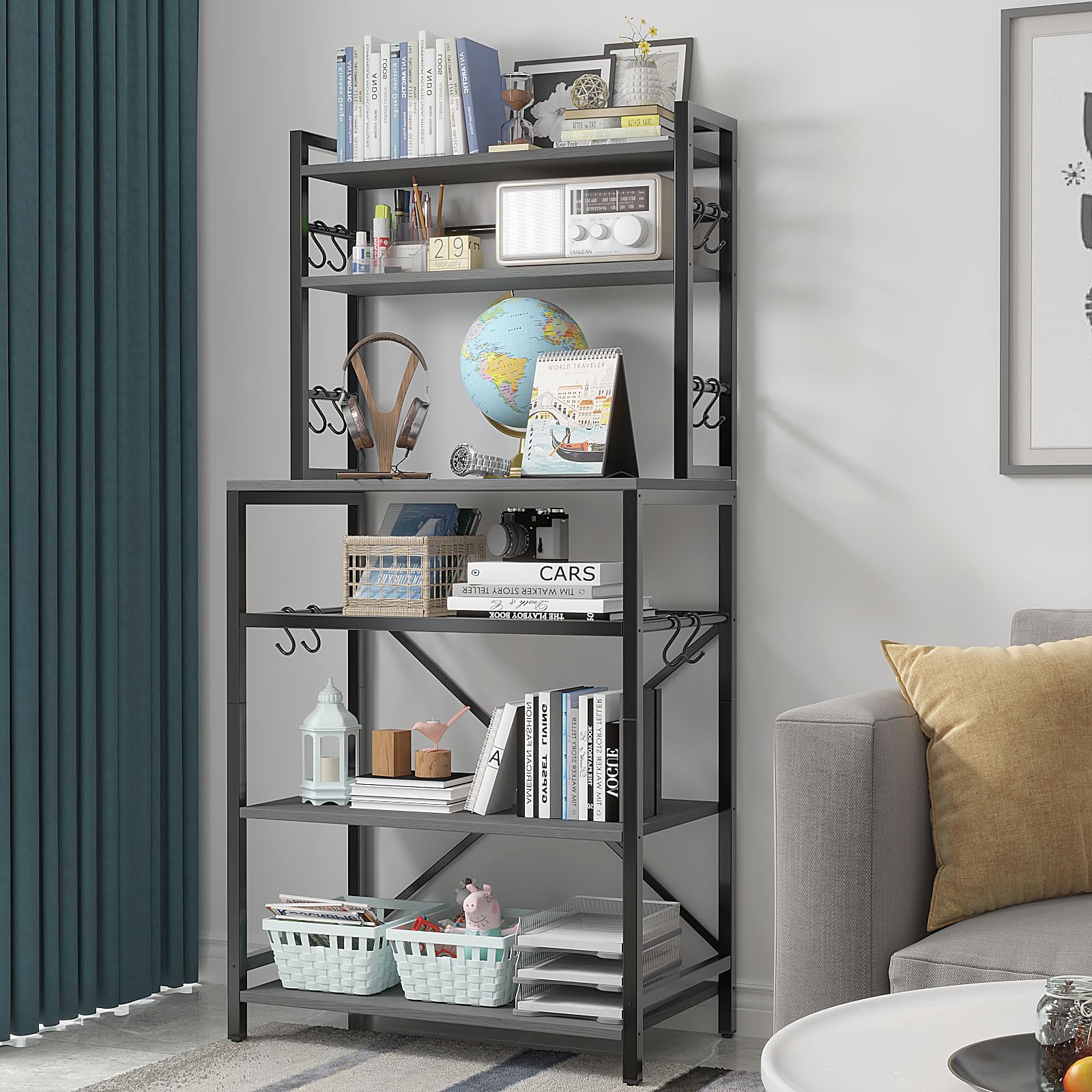 YMYNY Scaffale da Cucina, Scaffale da Panetteria, Portaoggetti a 6 livelli di 12 ganci, per Microonde, Struttura in Metallo, Stile industriale, 58 x 39 x 144CM, Nero HBR003B