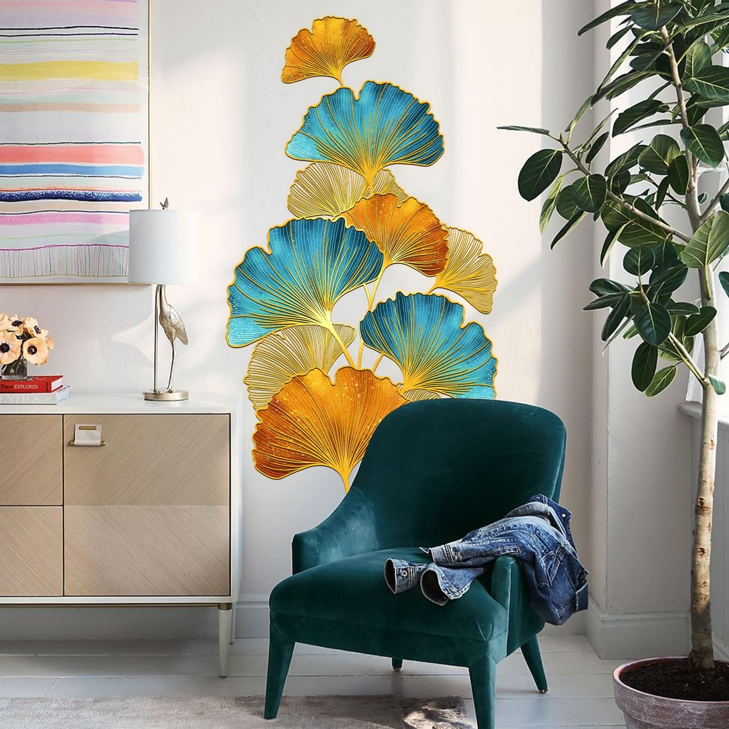 Ginkgo Leaf Wall Sticker,Gold Stamping Process Wall Decals Peel and Stick Waterproof Wall Murals Decor for Living Room Bedroom (Blue, 11.8 * 35.4inch)