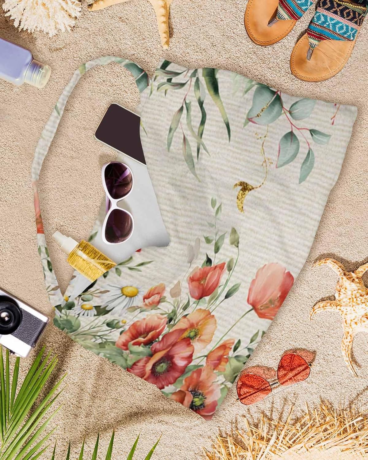 Eucalyptus Poppies Beach Pool Patio Lounge Chaise Chair Cover Towel With Pockets,Absorbent & Quick Dry Microfiber Towel Cover Bag Summer Sunbathing Accessories Country Rustic Botanical Flower Plant