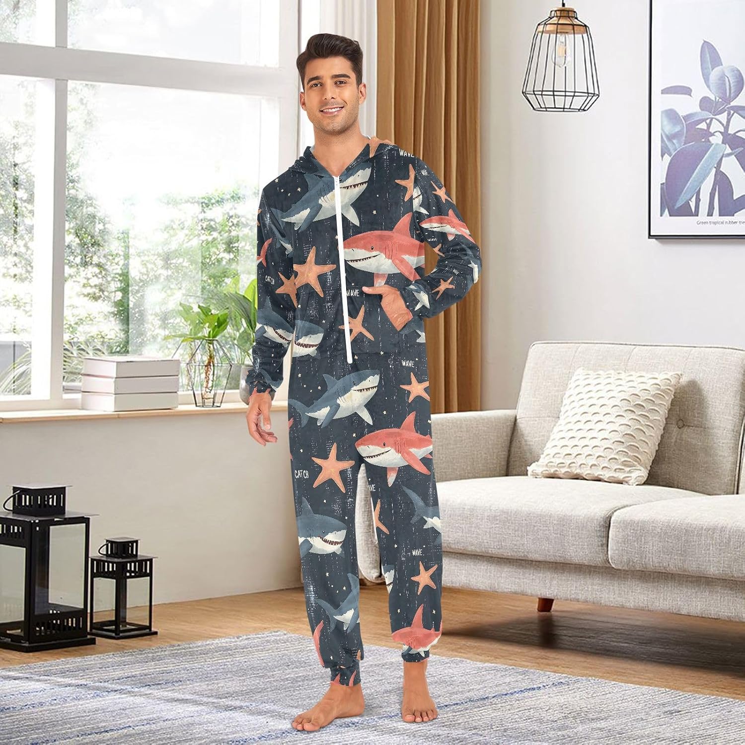 Shark Starfish Ocean Nautical Coastal A Adult Onesie Pajamas Novelty One Piece Costume Sleepwear Jumpsuits Matching PJS