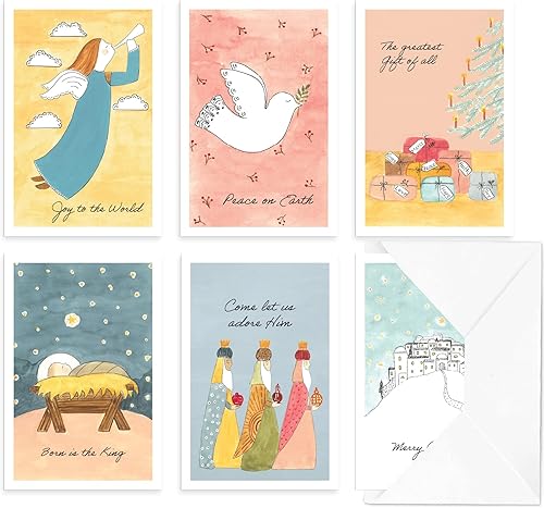 Miniatura 9 de DIVERSEBEE Tarjetas de felicitación de Navidad con sobres y calcomanías (6 diseños únicos de acuarela), surtido de tarjetas inspiradoras religiosas