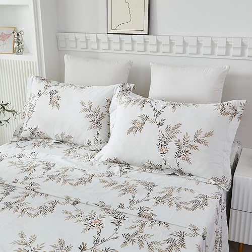 Miniatura 7 de Helthep Juego de sábanas florales tamaño King, 100% algodón, sábanas estampadas con bolsillo profundo de 17.5 pulgadas, 4 piezas de sábanas de