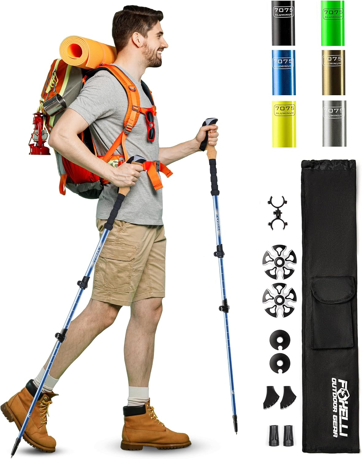Foxelli Trekking Poles – 2-pc Pack Collapsible Lightweight Hiking Poles, Strong Aircraft Aluminum Adjustable Walking Sticks with Natural Cork Grips and 4 Season All Terrain Accessories