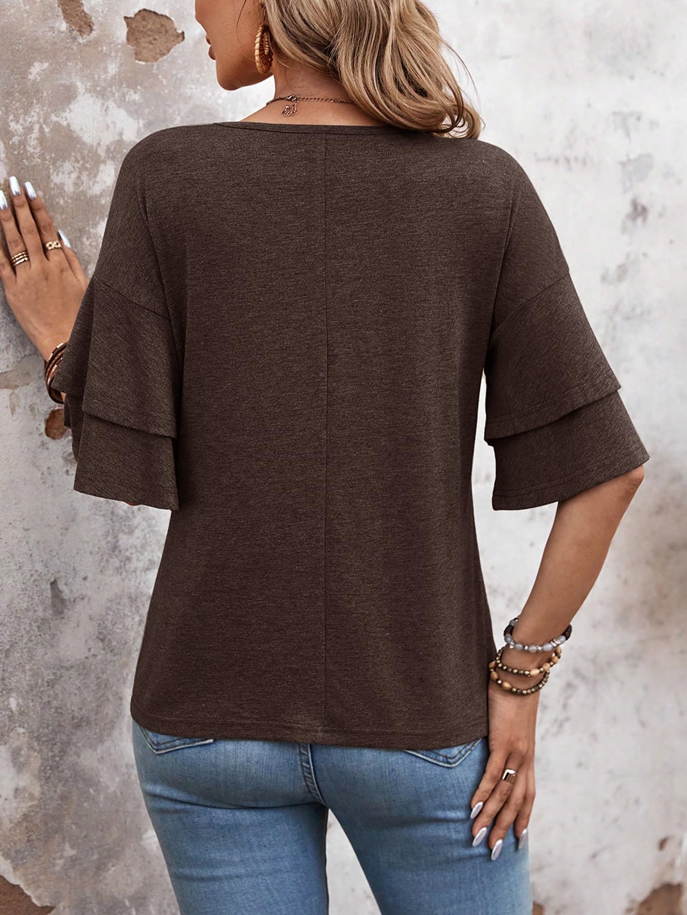 Womens Top Ruffle Sleeve Blouses V Neck T Shirts Casual Outfit Bell Sleeve Tee Spring Fall Summer Fashion Clothes Cute Tunic