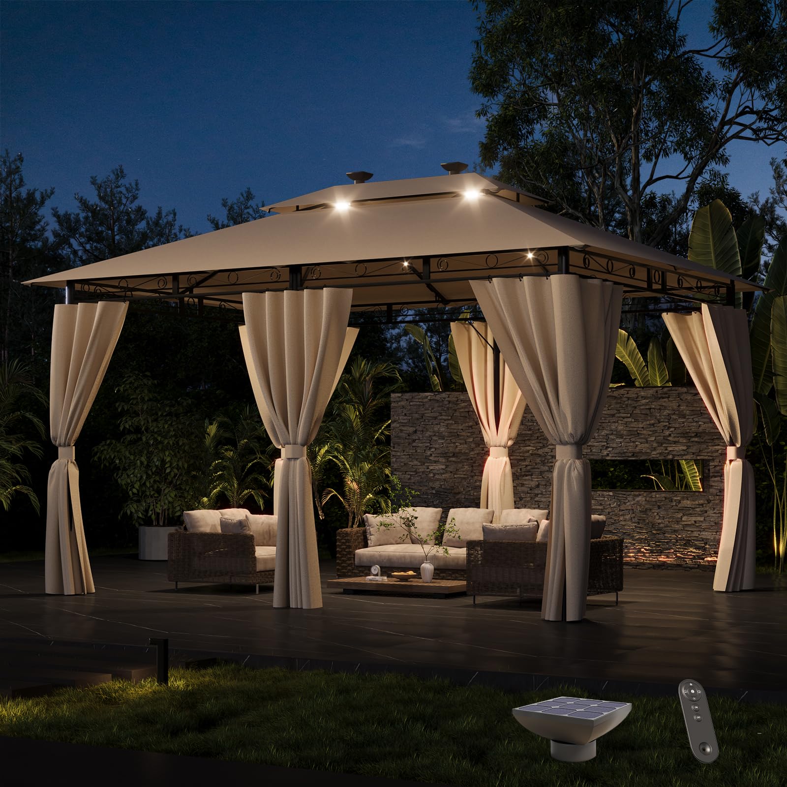 Devoko 3x4m Garden Gazebo with LED Light, Beige