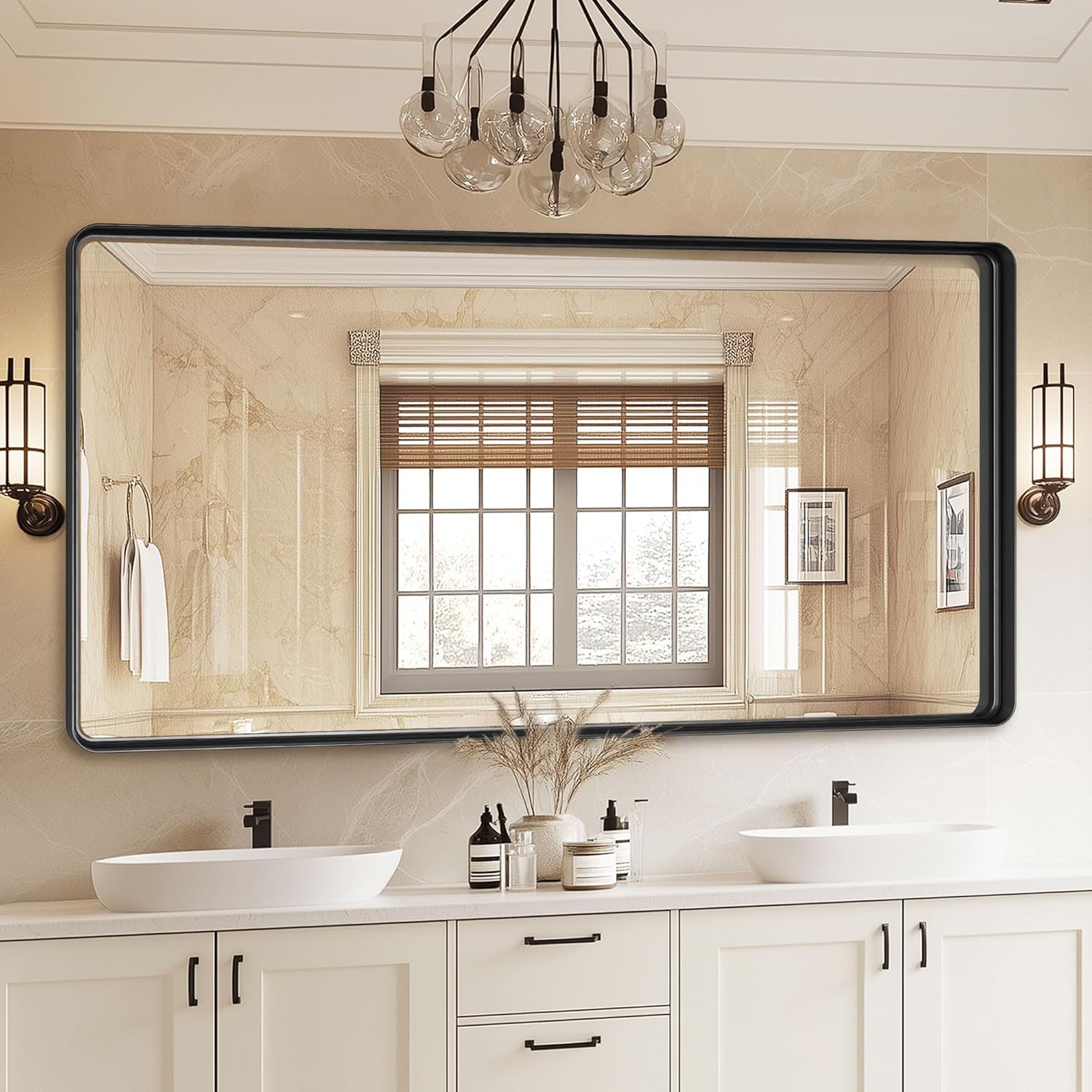 black bathroom mirror 60x30 inch, rounded corner rectangle mirror with metal deep frame, wall mirrors for over sink, vanity, bedroom, bathroom, hangs horizontally or vertically 30"l x 60"w rounded corner black
