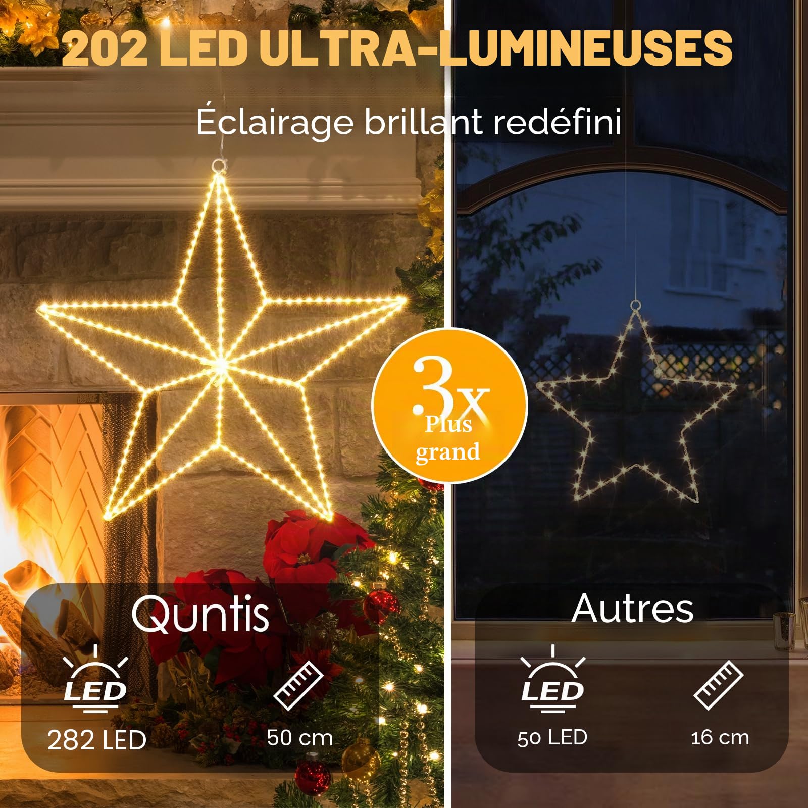 Quntis 50 CM LED Etoile Lumineuse Alimentée par Fiche, 282 LEDs Decoration Noel Exterieur pour Maison Jardin Intérieur Extérieur, Deco Fenetre Noel en 3D, Blanc Chaud