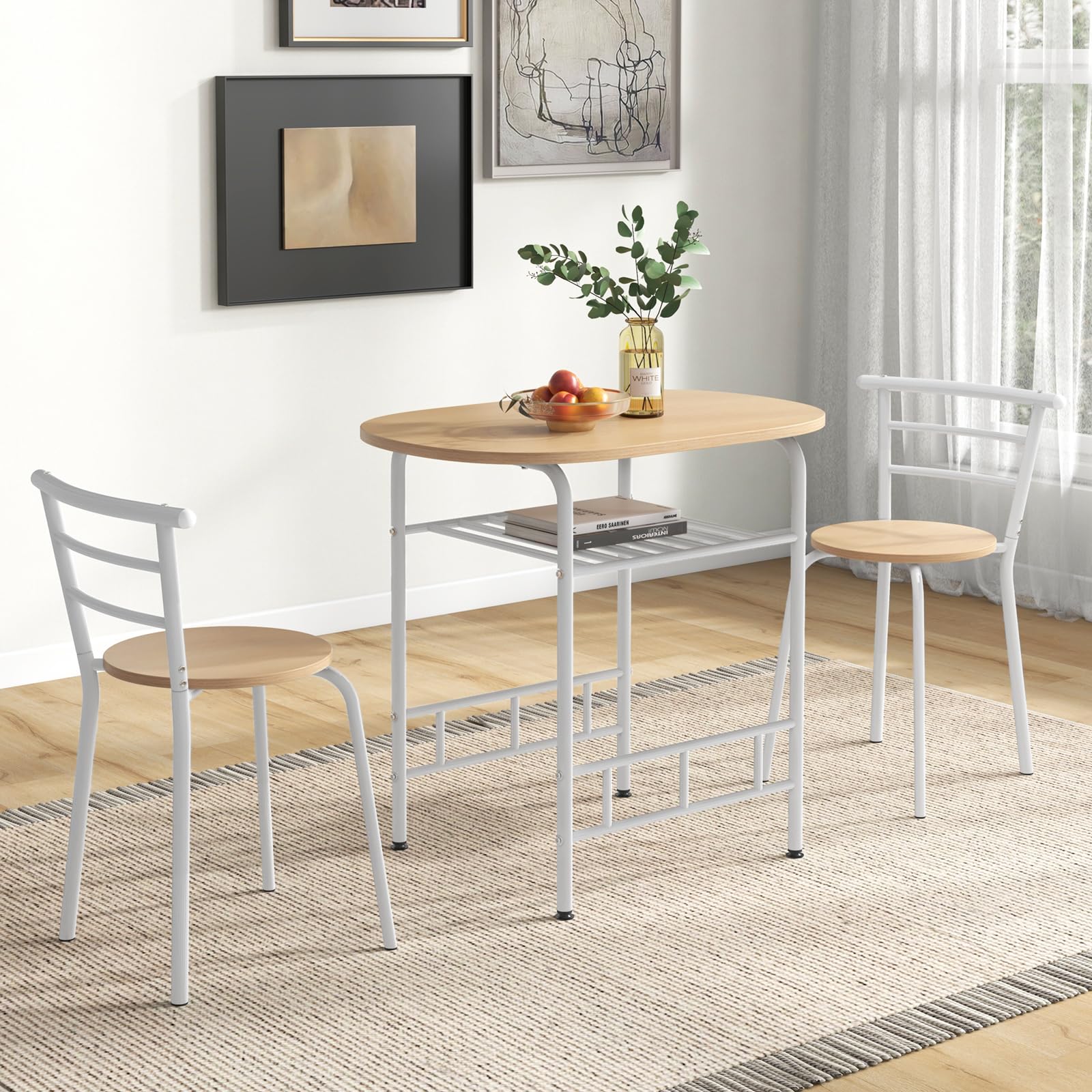 COSTWAY Table de Cuisine avec Chaise pour 2 Personnes, Table Cuisine Petit Espace avec Porte-Bouteilles, Table à Manger Ronde Cadre en Métal pour Bistro, Jardin, Balcon (Naturel)