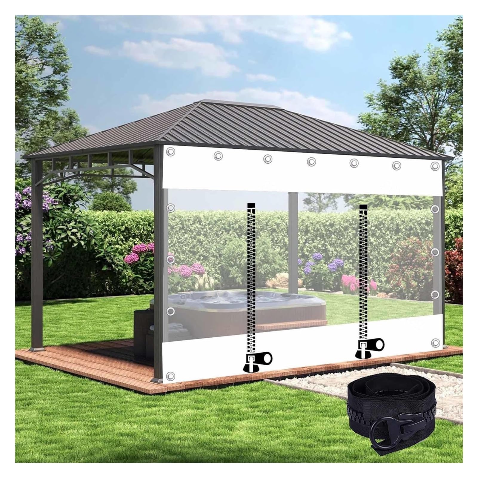 Outdoor Wasserdicht Klar Weiß Tarp Pavillon Seitenteile mit Reißverschluss Tür Transparent PVC Kunststoff Plane Vorhang für Pergola Terrasse LxH 2 Größen Ösen enthalten