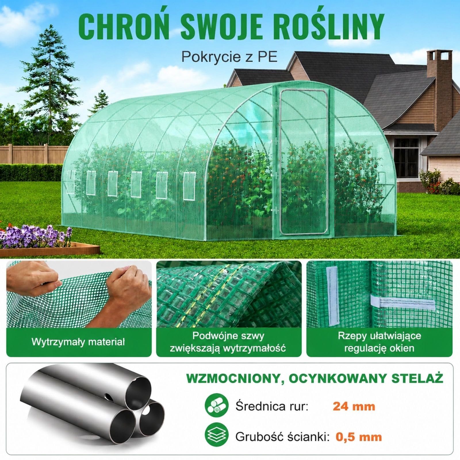 Szklarnia tunelowa, 6,8 x 2,3 x 2,3 m, plastikowa szklarnia tunelowa, szklarnia na rośliny z ocynkowaną stalową ramą, zieloną osłoną z polietylenu, drzwiami wahadłowymi i 12 oknami zwijanymi do u