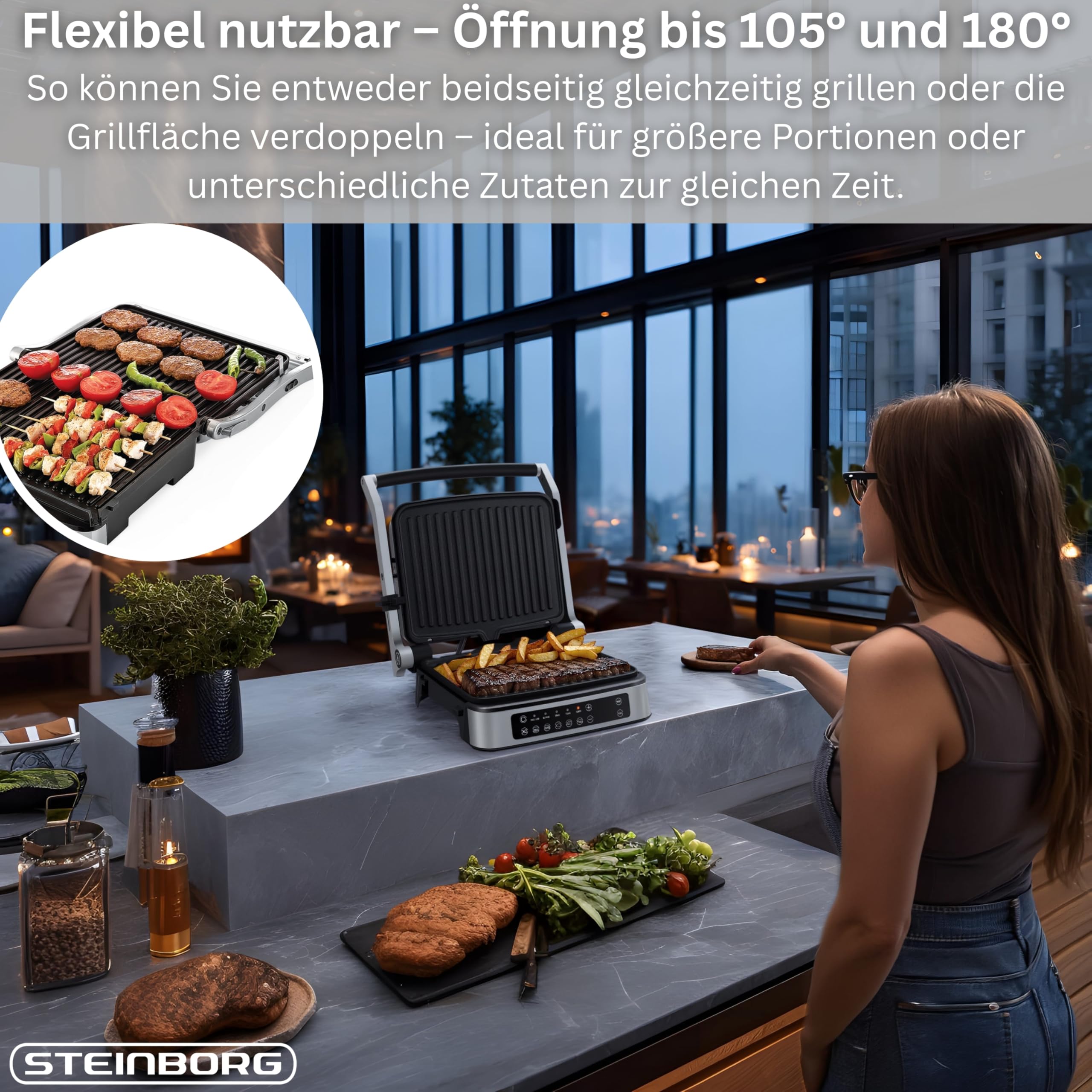 Steinborg® Grill kontaktowy, zdejmowane płyty z ekranem dotykowym, elektryczny grill stołowy i grill panini, rozkładany w zakresie 180°, nieprzywierające płyty grillowe, nadaje się do mycia w zmywarce