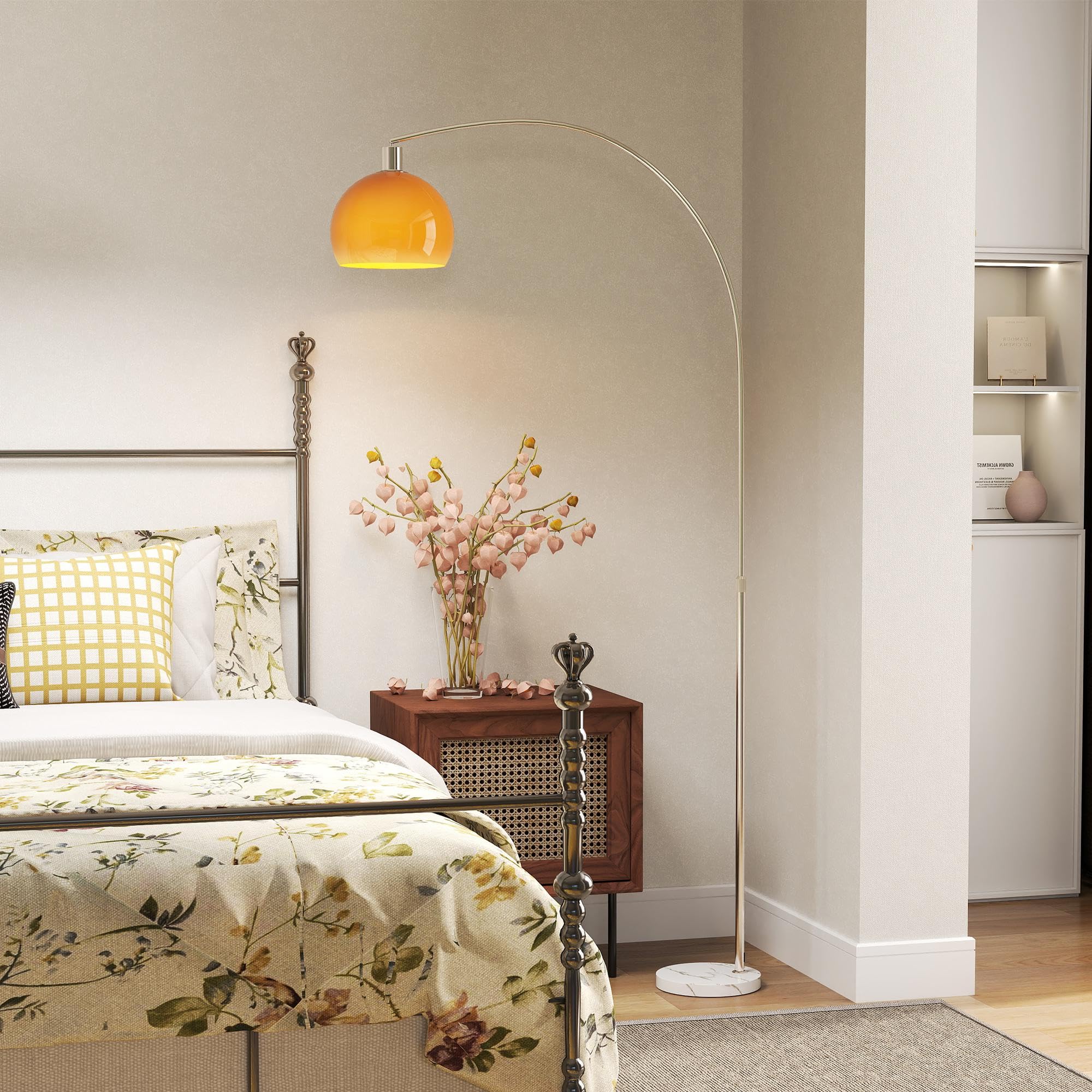 HOMCOM Lampada da Terra ad Arco Moderna 26x90x180 cm Bianco e Arancione | Interruttore a Pedale, Paralume Rotondo, Lampada da Terra Salotto, Marmo Metallo e Plastica