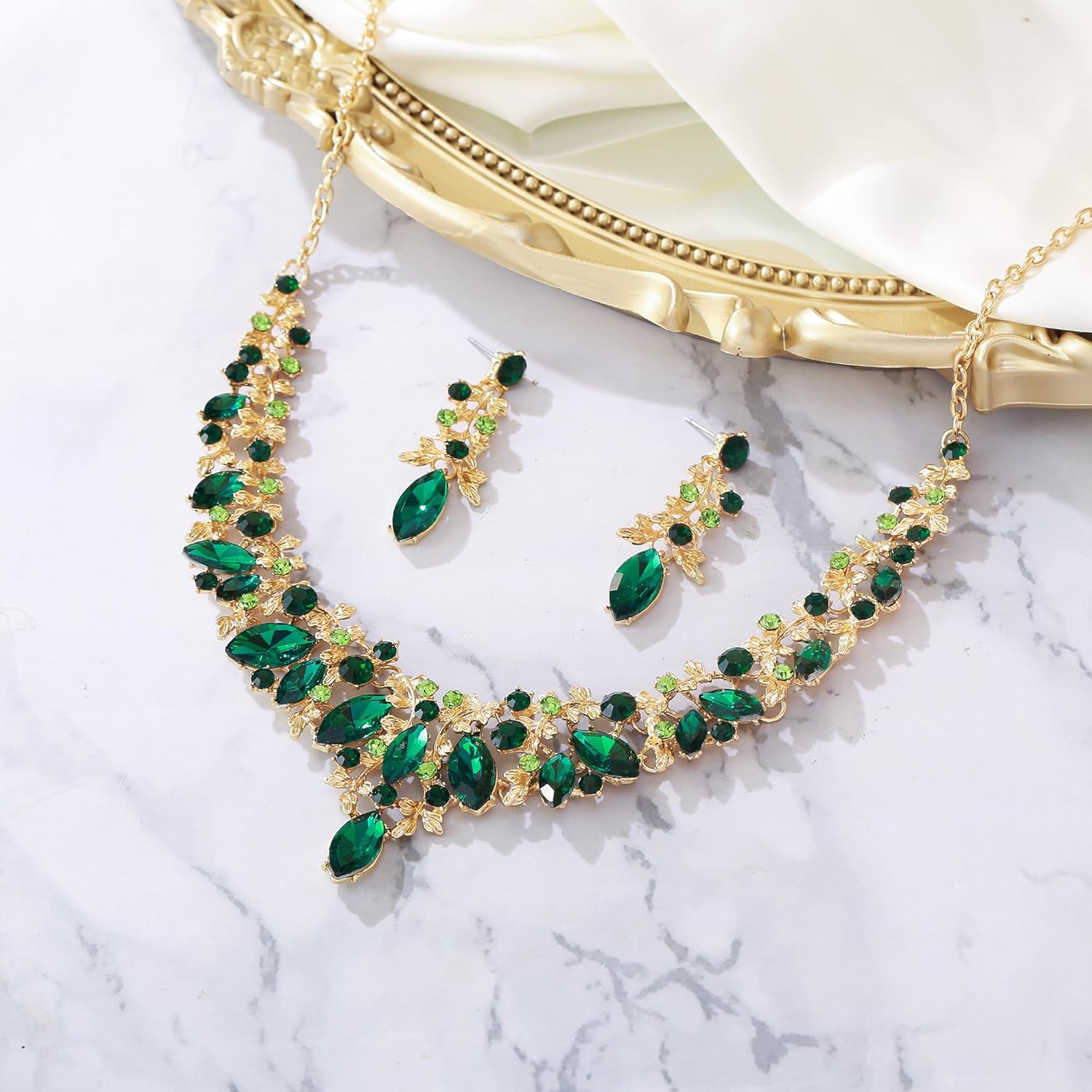 BriLove Gorgeous Wedding Jewelry Set for Women, Stunning Shiny Rhinestone Crystal Marquise Leaf Cluster Statement Necklace Dangle Drop Earrings for Wedding Party Prom Accessories