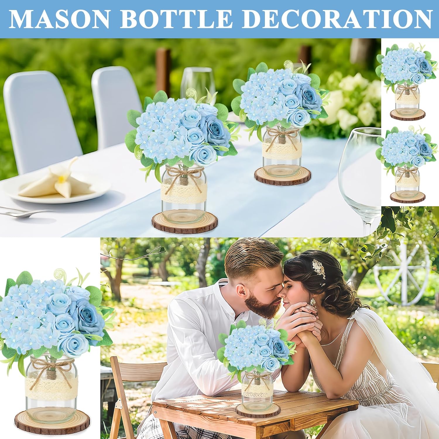 Set 10 Mason Jar Table Centerpiece - Wedding Centerpieces for Tables, Mason Jar Flower Centerpiece Vases Decor- Boho Farmhouse Rustic for Engagement, Bridal Shower, Wedding, Versatile Decor (Blue)