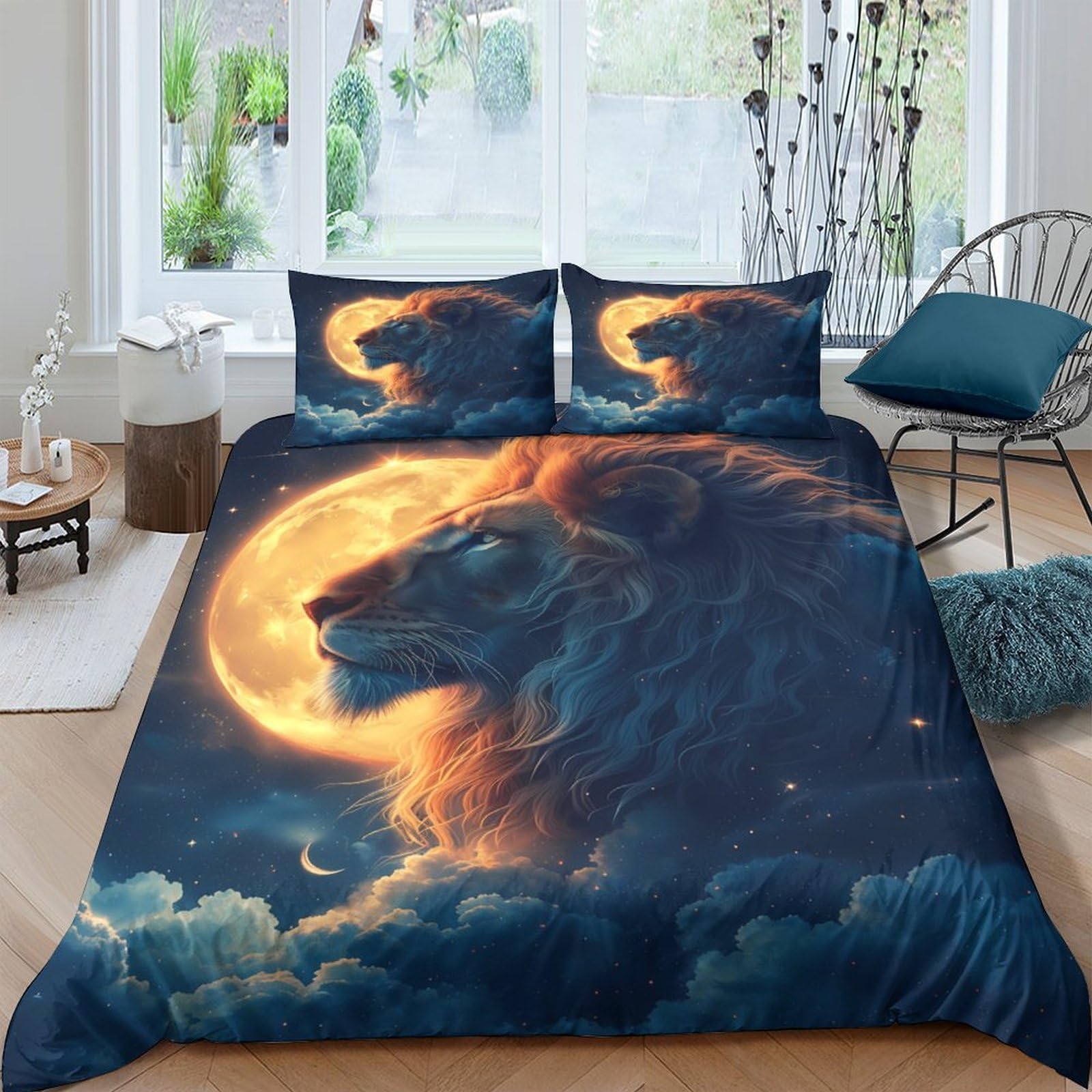 Ctjqhvkz Style-4 3D Printed Lion Moon Fitted Sheet Microfiber Soft Anti-Slip Mattress Cover For Bedroom Guestroom Modern Decor Single（135X200cm）