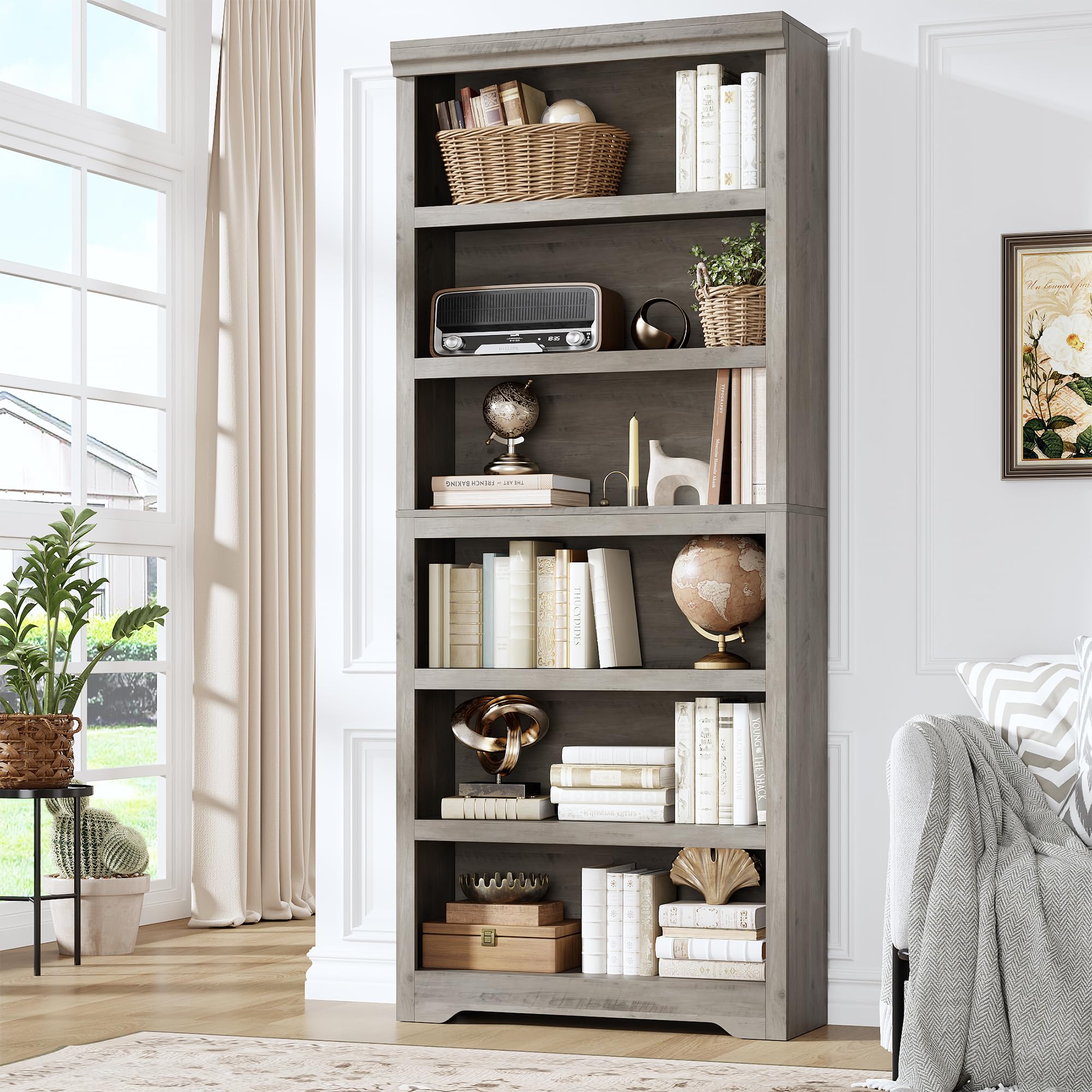 Garvee 6 Tier Bookshelf, 75" Tall Farmhouse Bookcase - 31.5" W with Adjustable Shelves, Open Display Storage Rack with Anti-Slip Design for Home