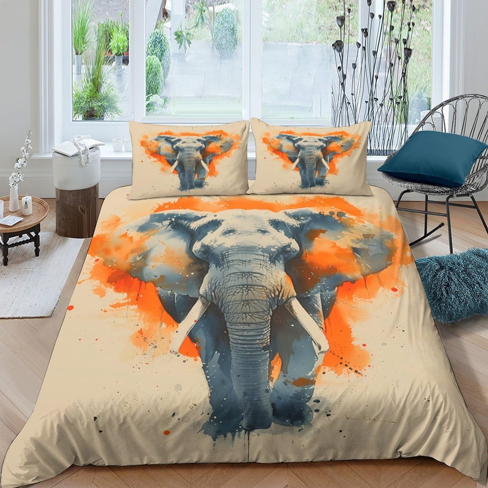 GPLZQXKJNH 3D Printed Elephant Watercolor Duvet Cover Microfiber Soft Breathable Orange Splash Bedding Set with 2 Pillowcases for Bedroom Home Single（135x200cm）
