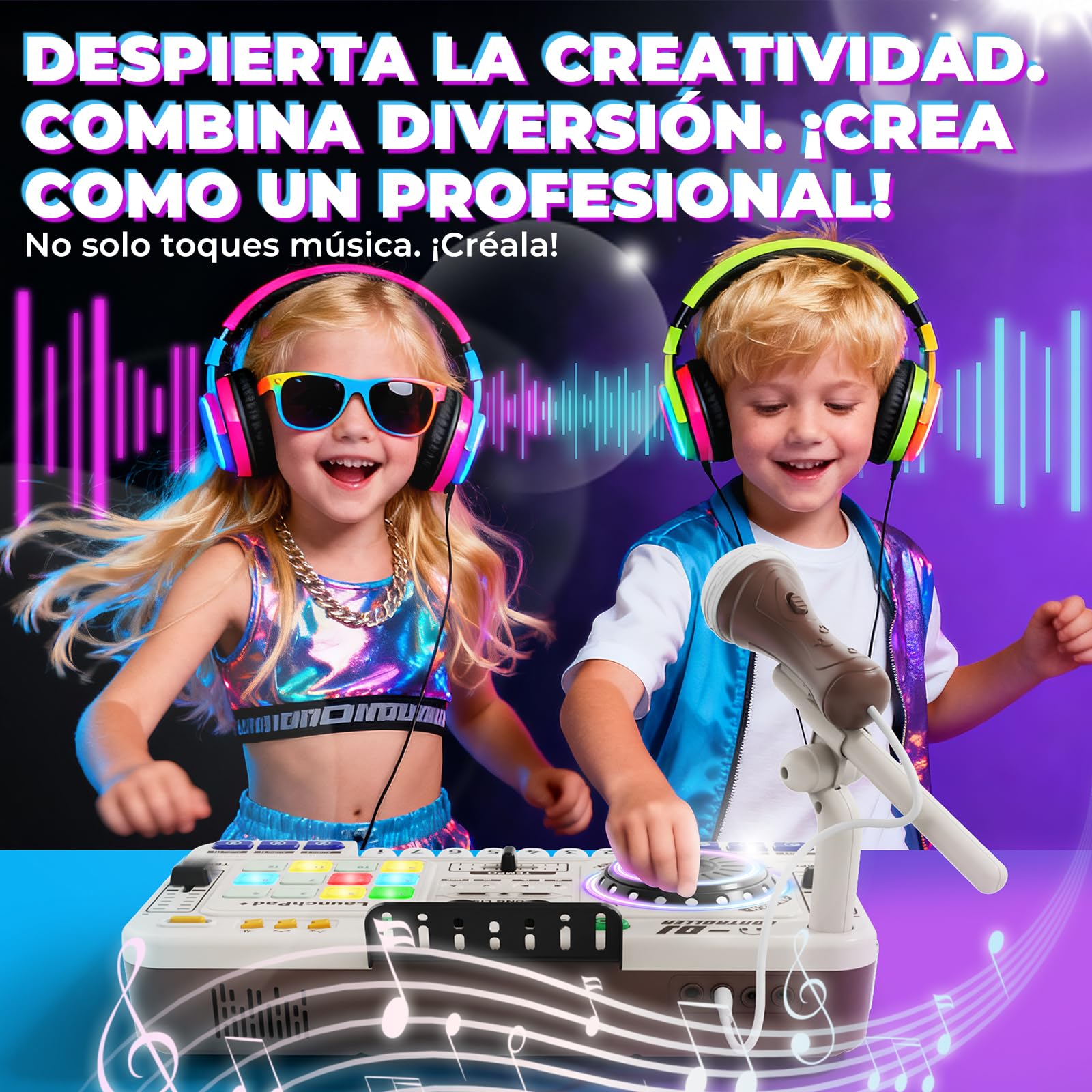Mesa de mezclas DJ para niños de 3 a 12 años con micrófono DJ Mixer, controlador de mezclas DJ con 100+ efectos de sonido, juguete musical con recargable, regalo ideal para niñas y niños principiantes
