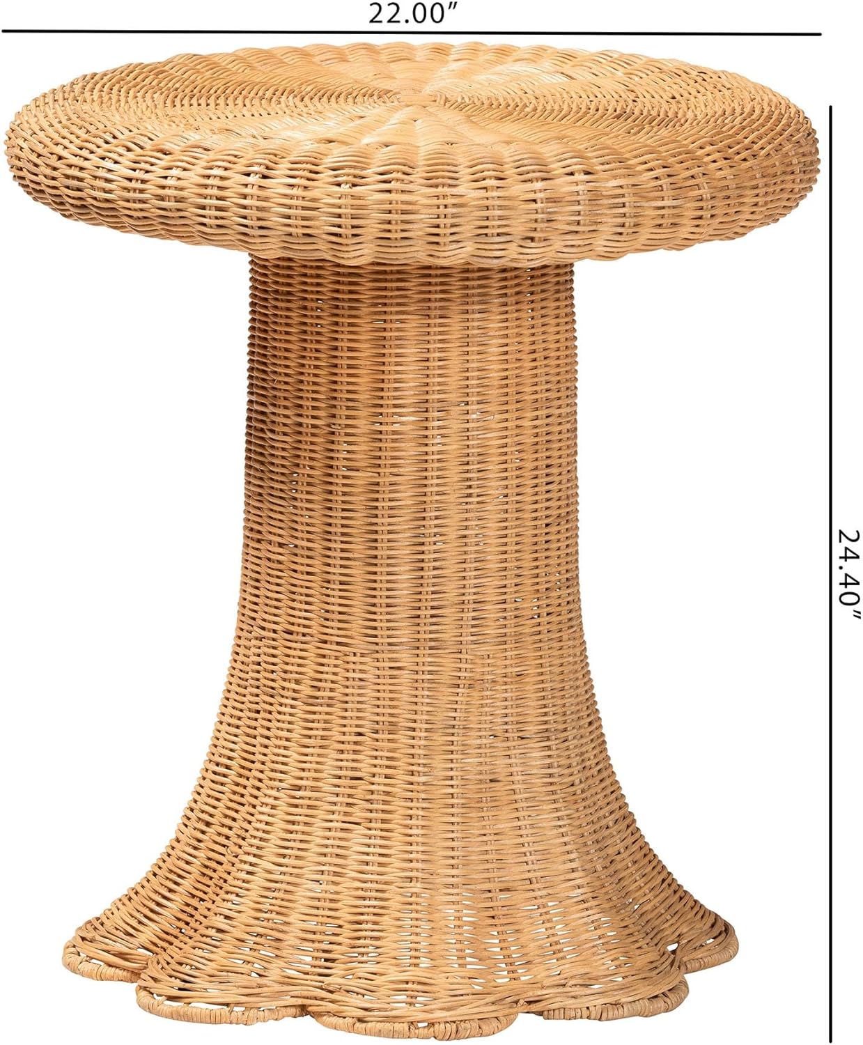 Bali & pari Avalon Scallop Natural Rattan Pedestal Side Table – Round Handwoven Wicker Accent Table with Skirted Base, Boho Coastal Style Furniture, 22-inch Wide, Round