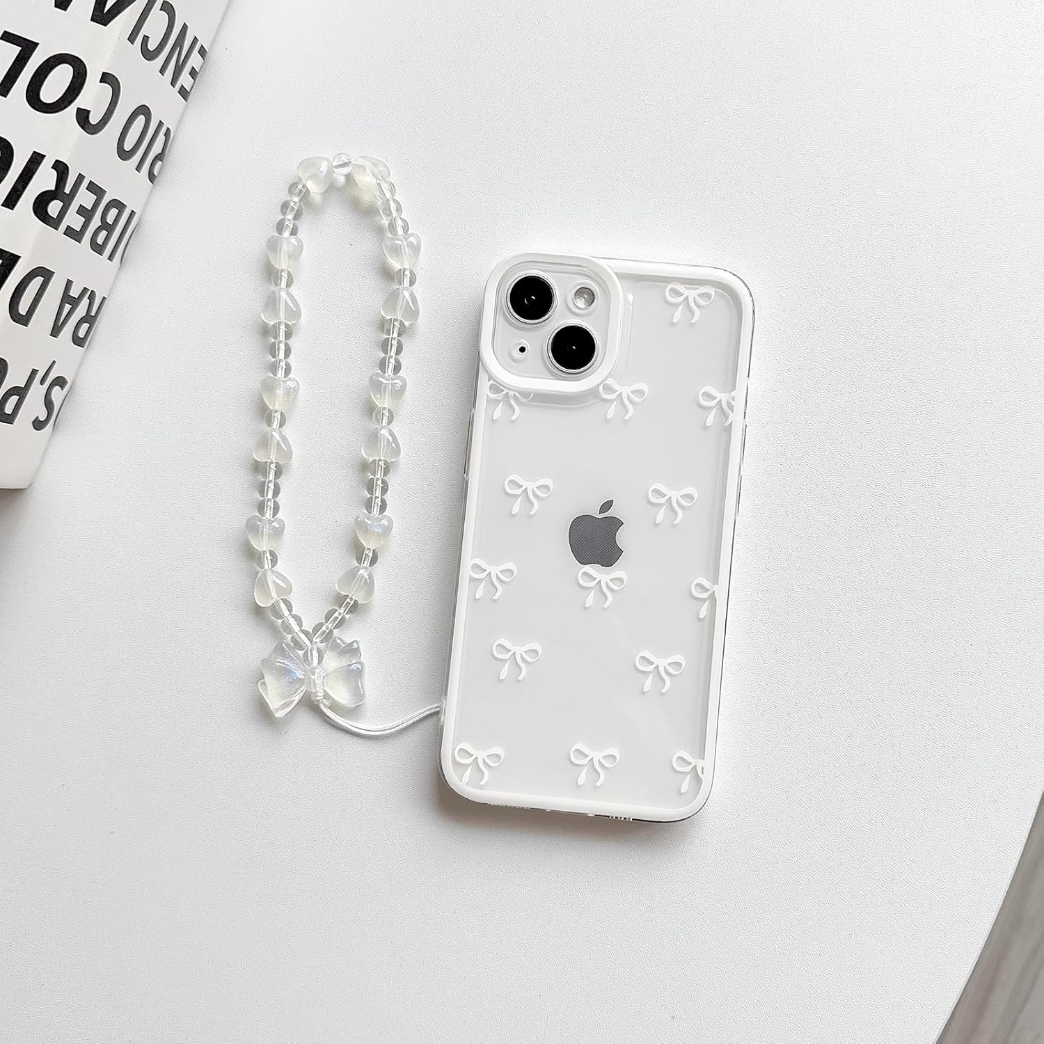 NITITOP Compatible with iPhone 14 Case Cute Clear Durable Ribbon Bow Knot Pattern for Girls Women Bowknot with Chain Wrist Strap Soft TPU Transparent Shockproof Protective Phone Cover - White - Image 2