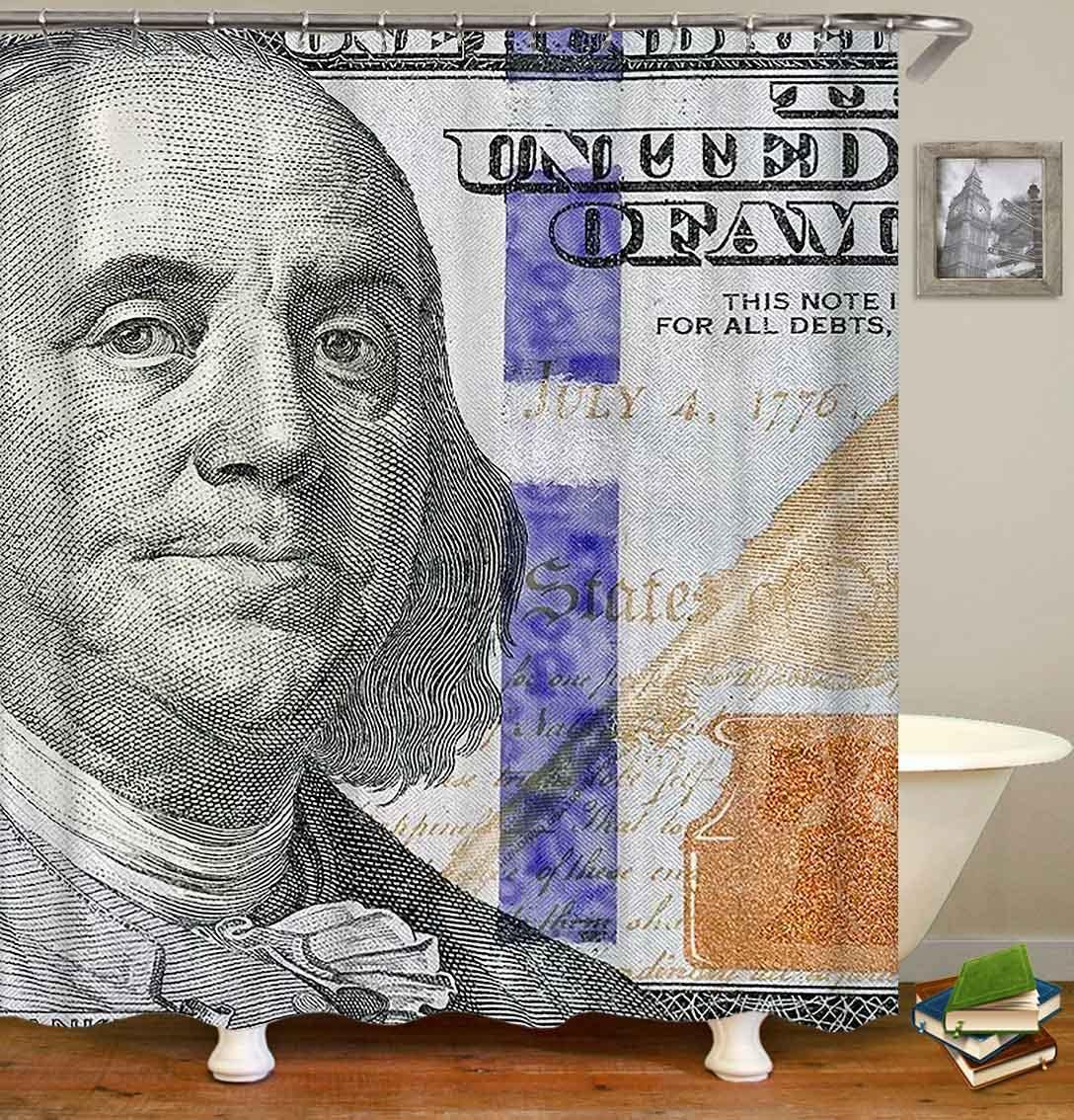 4PCS Money Shower Curtain Set, Benjamin Franklin One Hundred Dollar Bill Cash Banknote USA 100 Dollar Bill Luxury Funny Bathroom Decor, Waterproof Fabric Shower Curtain, Bath Mat Toilet Rug