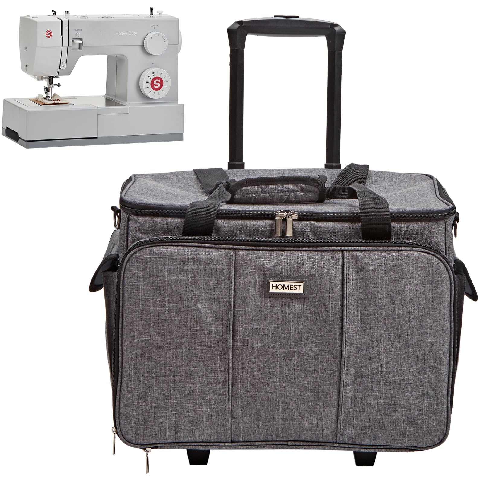 HOMEST Sewing Machine Carrying Case with Multiple Storage Pockets, Universal Tote Bag with Shoulder Strap Compatible with Most Standard Singer, Brother, Janome (Grey, Sewing Machine Bag with Wheels)