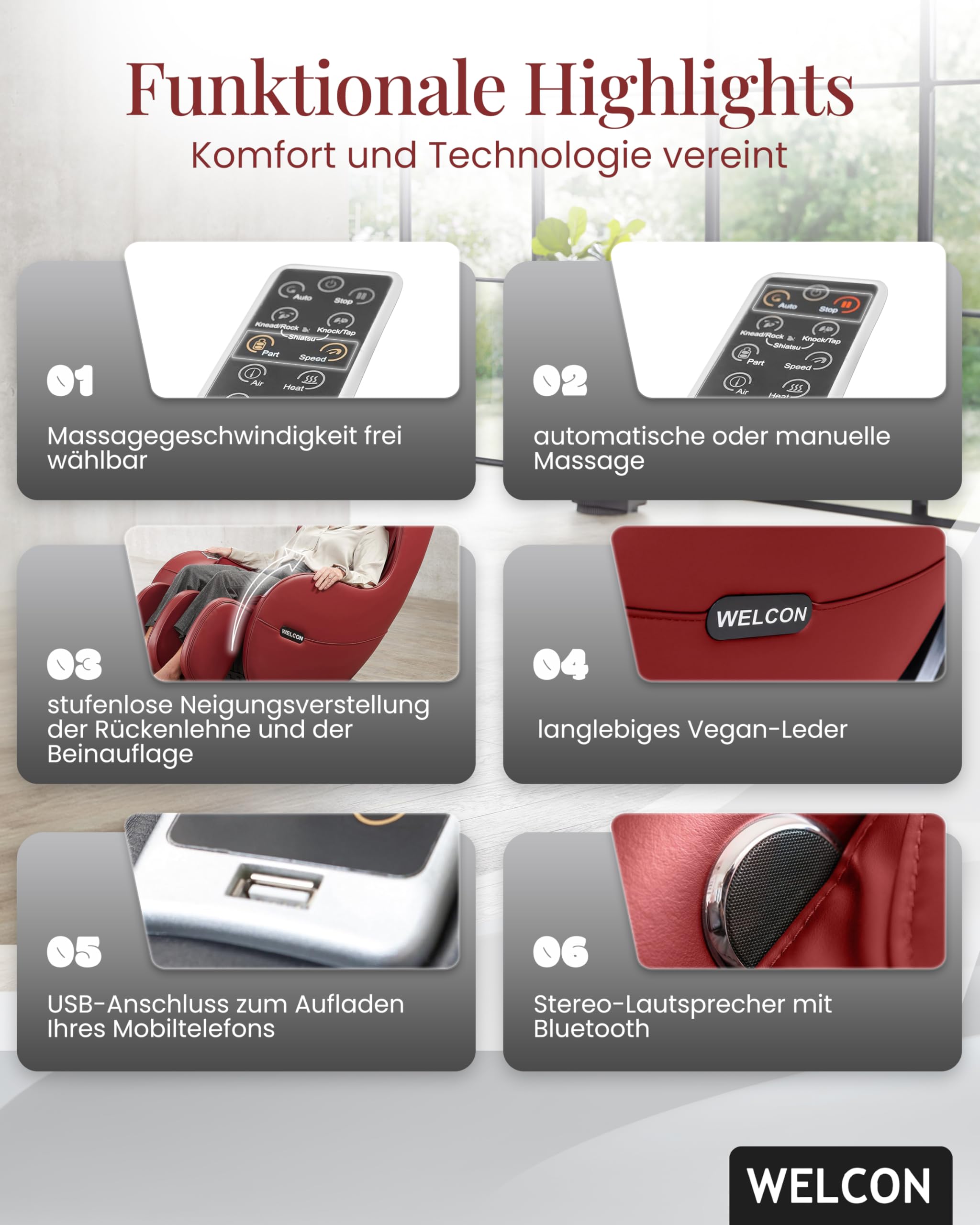 WELCON EASYRELAXX Massagesessel Rot mit L-Shape, Knet- & Klopfmassage