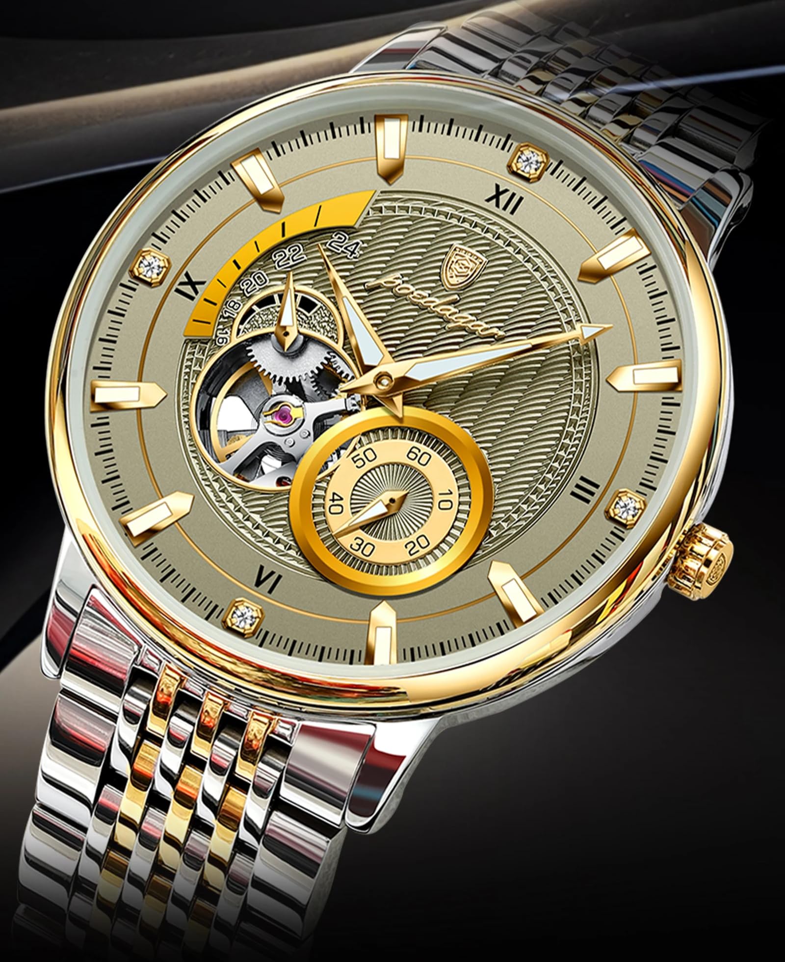 Poedagar Luxuriöse Herren-Armbanduhr, automatisches Skelett, mechanisch, wasserdicht, leuchtend, hohl, Tourbillon, Edelstahl, Herrenuhren