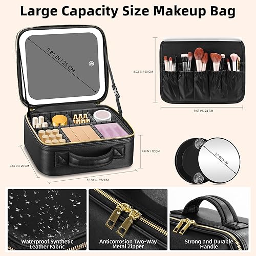 Miniatura 4 de RRtide Estuche de maquillaje con espejo y luces, estuche de cosméticos de 3 colores de brillo ajustable, bolsa de maquillaje grande, portátil de 2