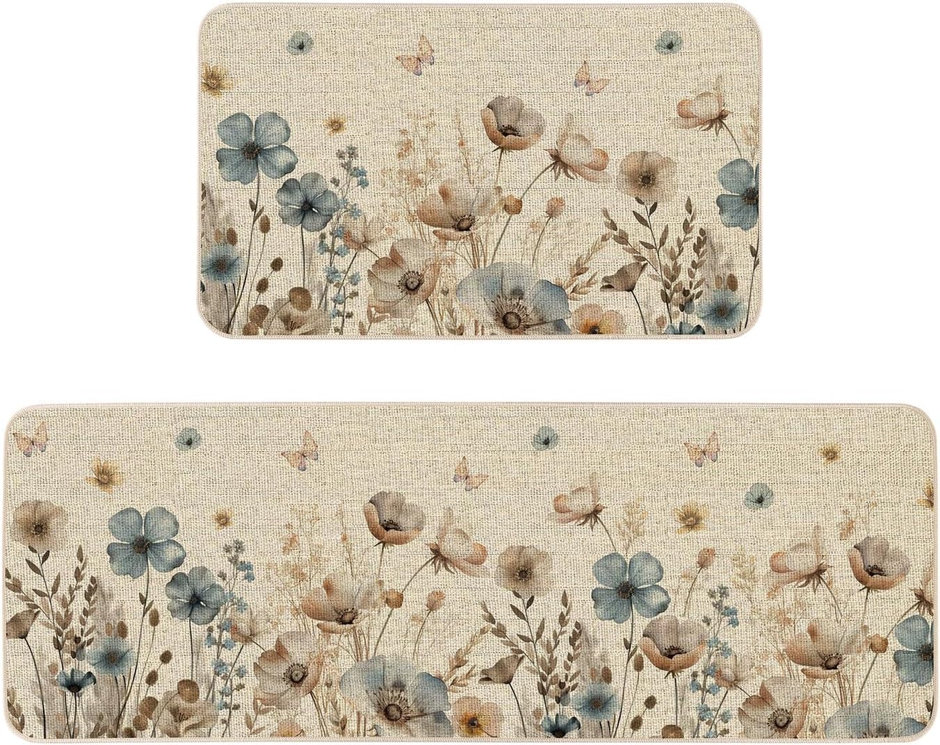 Moutina Vintage Poppy Floral Kitchen Rugs Set of 2, Spring Summer Farmhouse Home Decor Low-Profile Kitchen Mats for Floor - 17x29 and 17x47 Inch