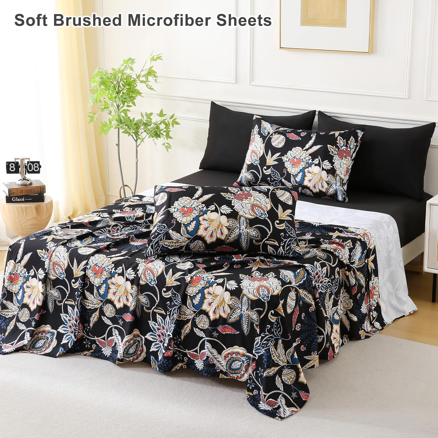 Botanical 6-Piece Queen Bed Sheets Set, Boho Floral Print Brushed Microfiber Sheets, Cooling Bed Sheet Set, Ultra Soft & Breathable, 16' Deep Pocket Fitted Sheet & Pillowcase Set, Black Floral - Image 6