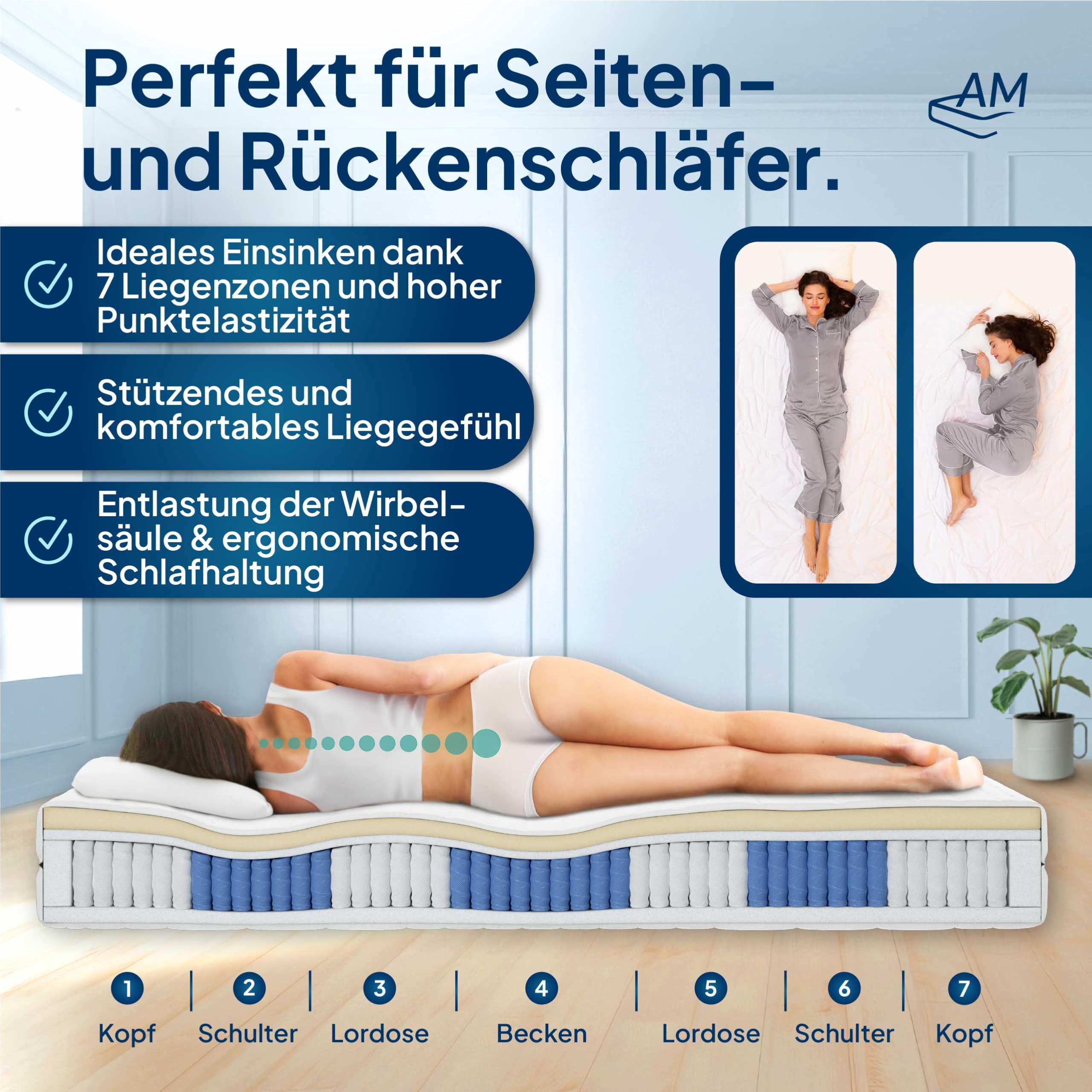 AM Qualitätsmatratzen Premium Latex-Taschenfederkernmatratze 90x200cm H3 24cm - Made in Germany & Oeko TEX Siegel - 7 Zonen Latex-Federkernmatratze 90x200 mit 1000 Federn & Lyocell Bezug