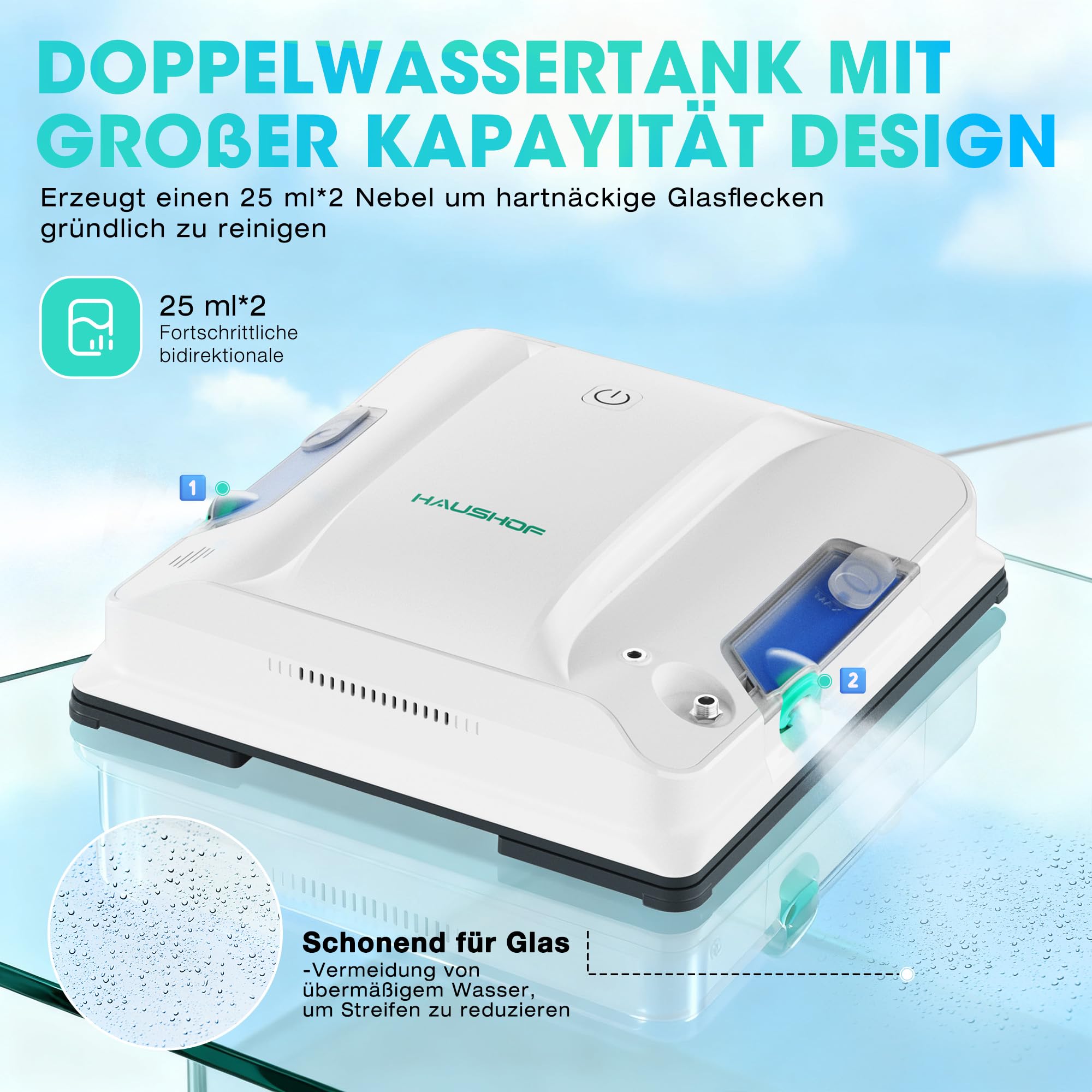 HAUSHOF Fensterputzroboter, Elektrischer Fensterputzer mit 3800Pa Saugkraft | Automatischer Fensterreiniger, 3 Reinigungsmodi, Doppelwassertank, Intelligente Pfadplanung, 10 m Fernbedienung für Fenster