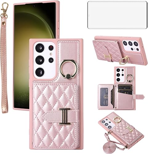 Asuwish Funda de teléfono para Samsung Galaxy S21 Ultra 5G Funda tipo cartera con protector de pantalla y soporte para anillo para tarjeta de