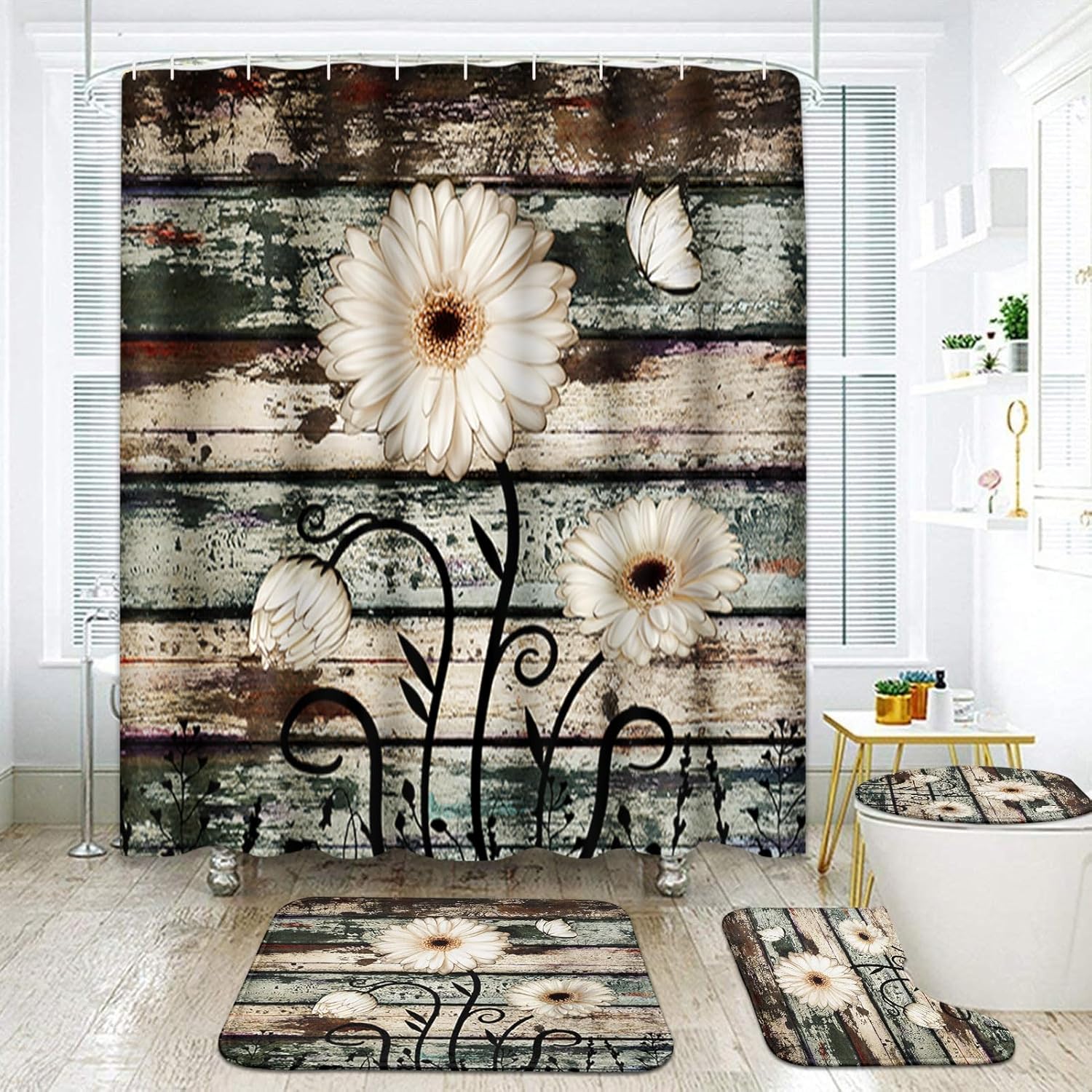 4 Piece Shower Curtain Sets, Flower Daisy White Vintage Wood with Non-Slip Rugs, Toilet Lid Cover and Bath Mat, for Bathroom Decor Set, 72" x 72"