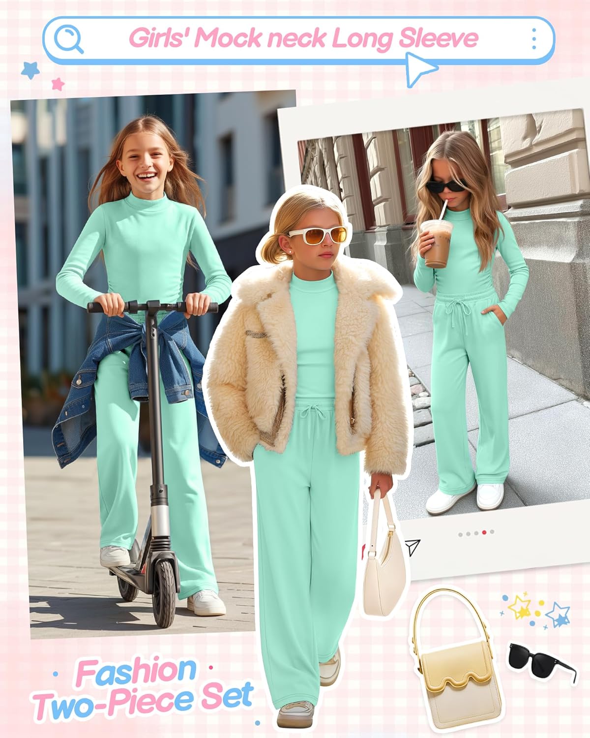 Girls' 2 Piece Outfits Lounge Set Mock Neck Long Sleeve Top Wide Leg Pant with Pocket Casual Sweatsuit Clothing Set - Image 2