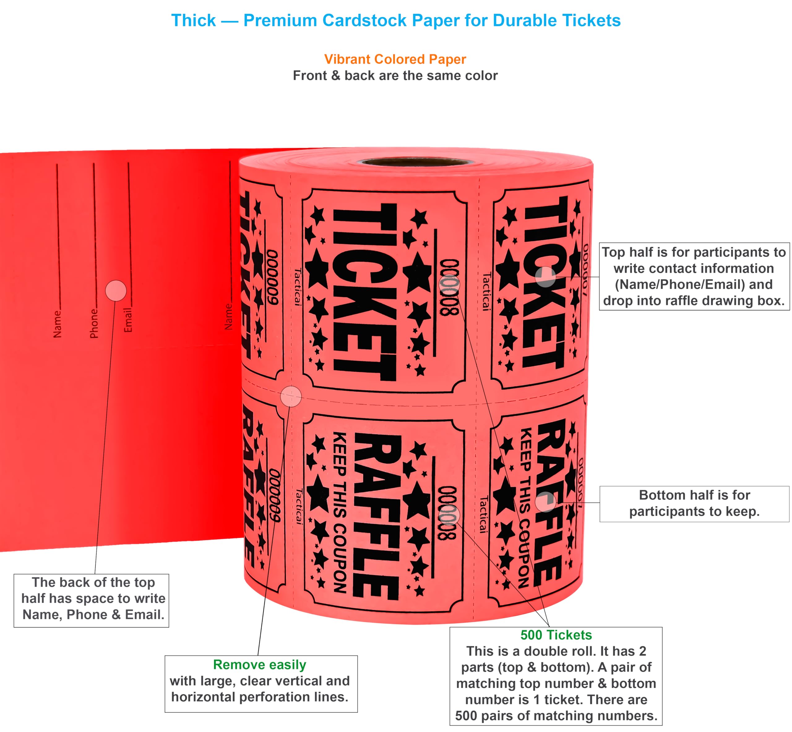 Tacticai 500 boletos de rifa, rojo (selección de 8 colores), rollo doble, boleto grande para eventos, entrada, recompensa de clase, recaudación de fondos y premios