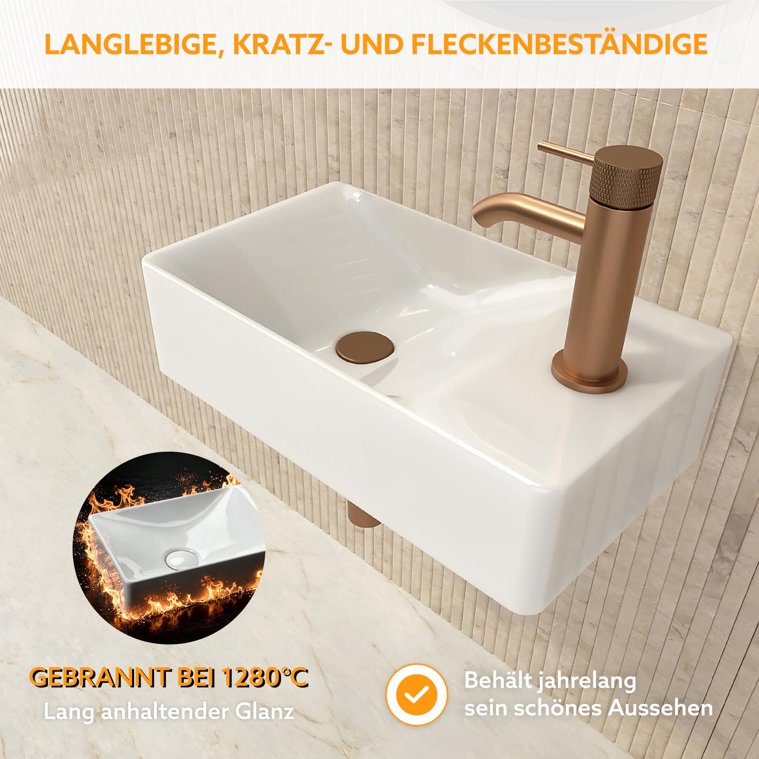 HOGART Lavabo Piccolo Bagno in Ceramica 38x22cm con Vasca a Sinistra – Lavandino Rettangolare Compatto Salvaspazio, Foro Rubinetto Senza Troppopieno, Sospeso o da Appoggio per WC Ospiti, Bagni Moderni