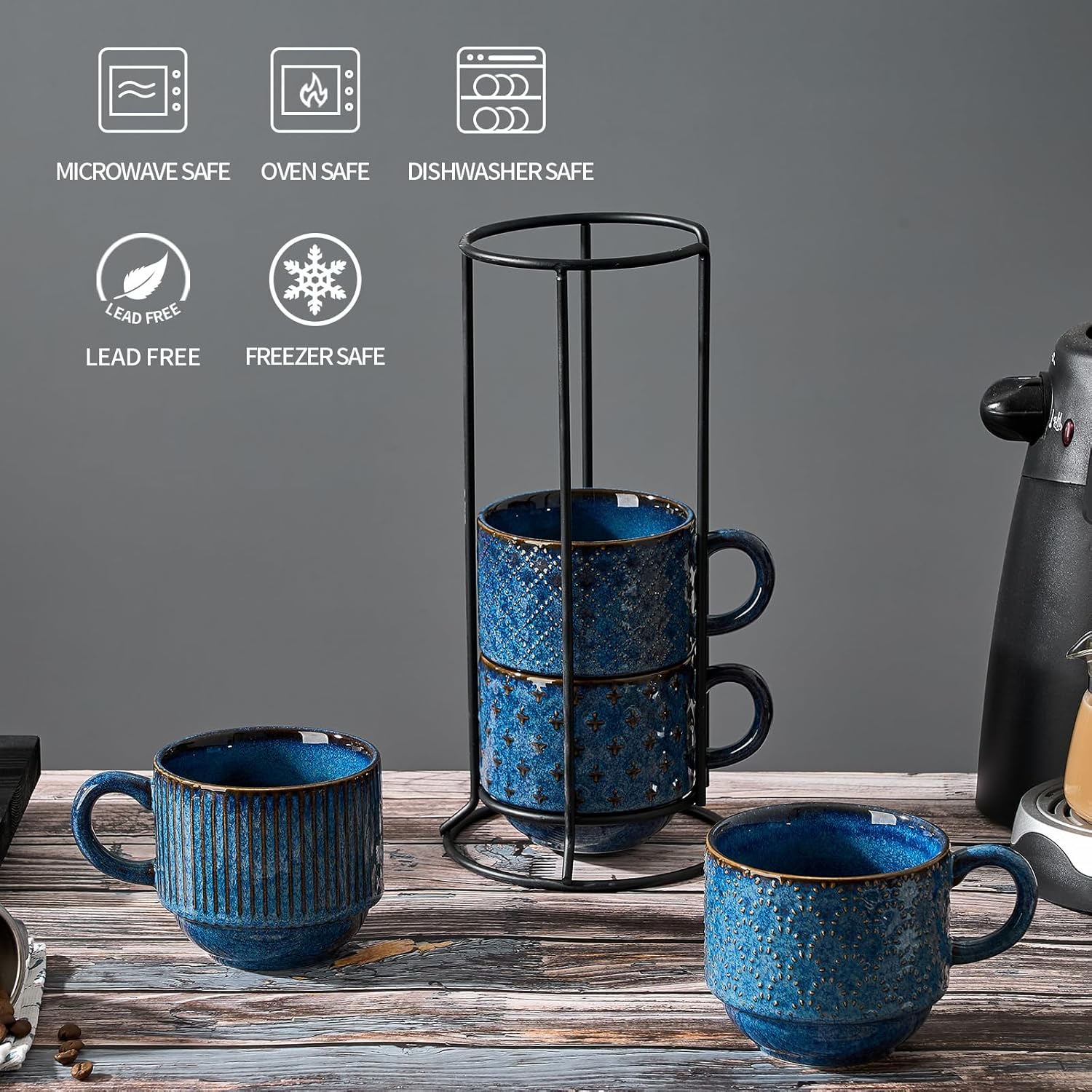 Large Ceramic Coffee Mug Set of 4 with Stand, 15 Oz Stackable Different Embossment Ribbed Latte Cup Set for Cappuccino, Tea, Hot Cocoa, Drinks - Dishwasher & Microwave Safe, Blue - Image 3